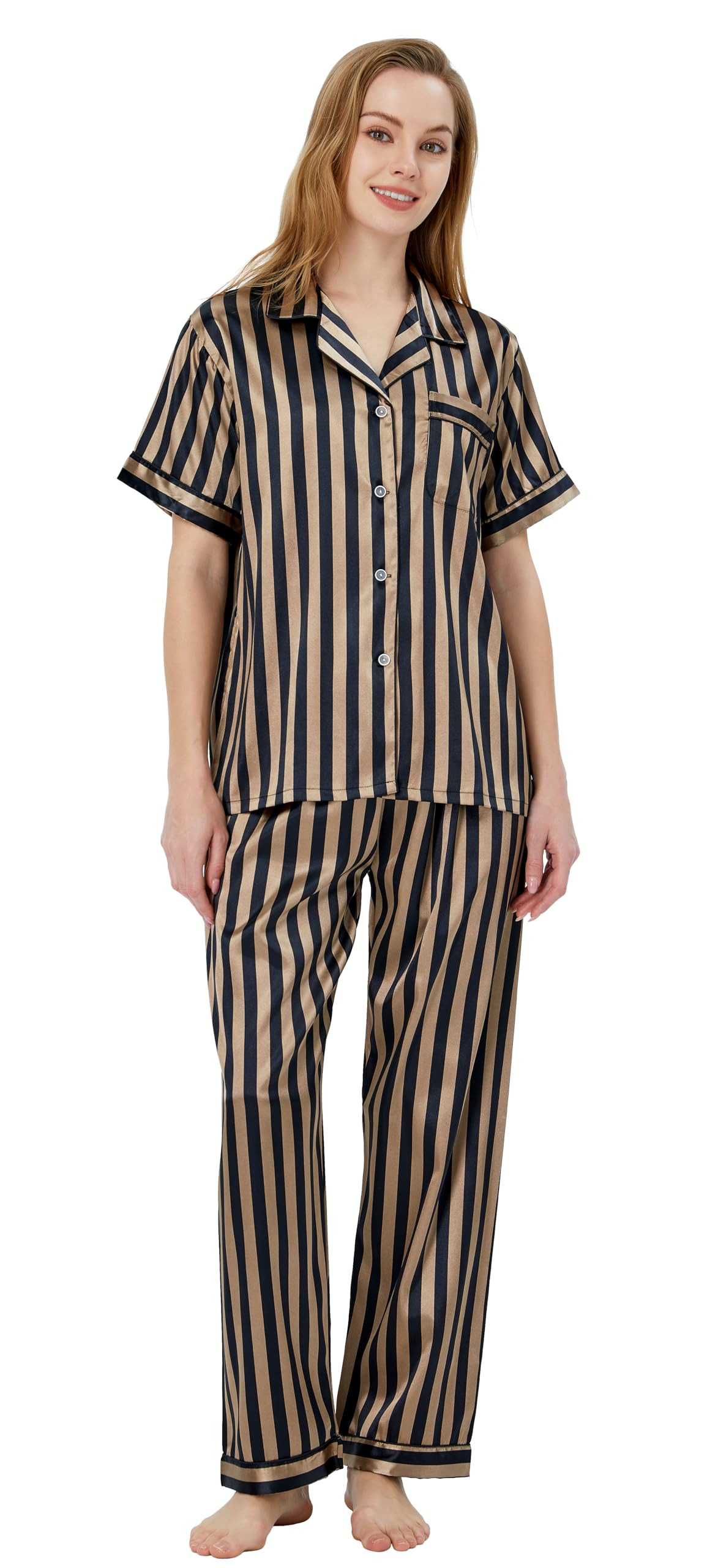 TONY AND CANDICE Women's Pajama Set, Short Sleeve Satin Sleepwear