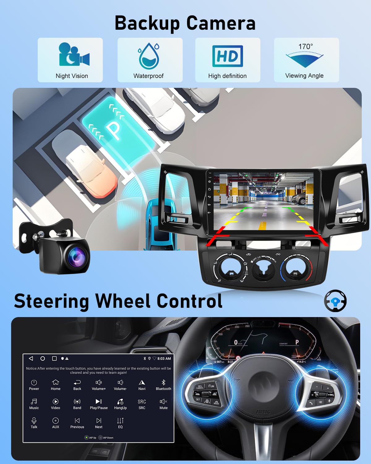NHOPEEW 2G+64G Android Autoradio per Toyota Hilux 2005-2014 - Senza fili Carplay e Android Auto - 9 pollici Android Stereo con WiFi EQ GPS Mirror Link FM RDS + AHD Telecamera posteriore&Mic