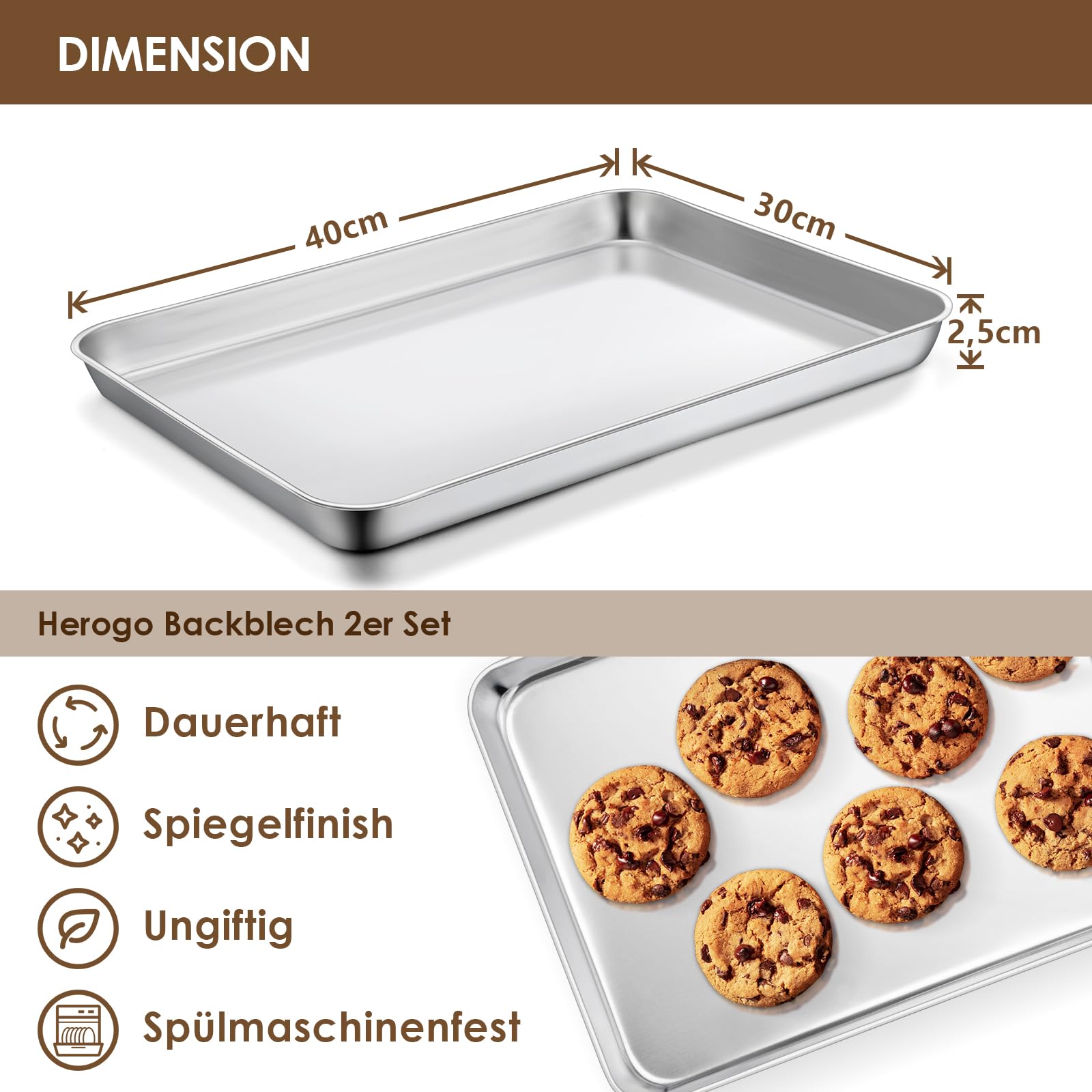 Herogo Backblech 2er Set, Edelstahl Backblech (40,5x30,5x2,5cm), Großes Ofenblech Kuchenblech zum Backen Kochen Servieren, Hochglanz & Rostfrei, ungiftig & gesund, spülmaschinenfest
