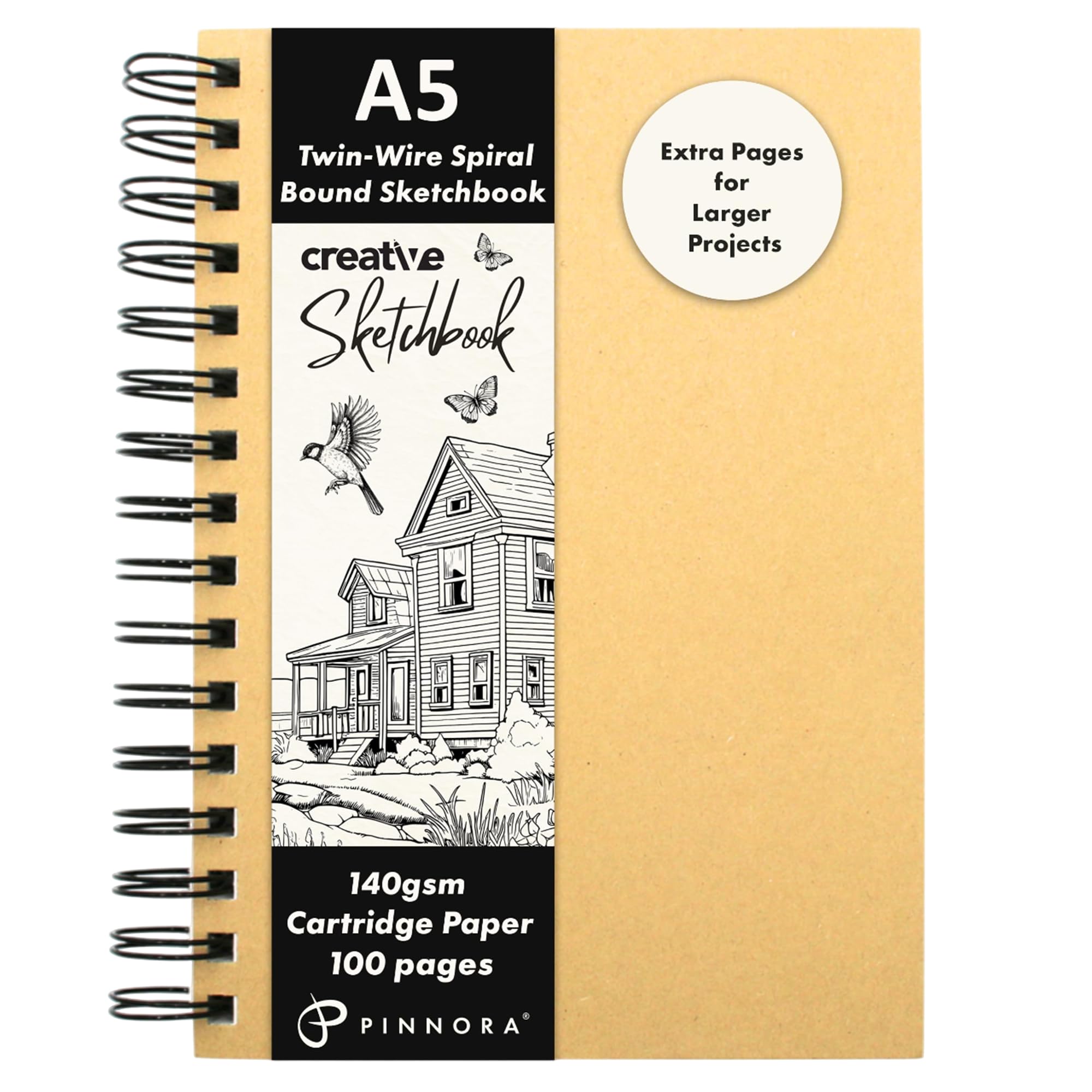Pinnora A5 Kraft Cover Creative A5 Sketchbook (140Gsm) - Kraft Hardcover Sketch Book With Thick Cartridge Paper | Twin-Wire Spiral Bound Sketch Pad, A5 Drawing Pad For Sketching - Art Book For All Ages (100 Pages)