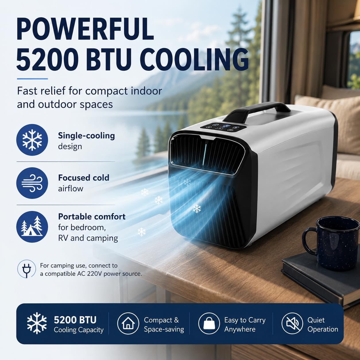 Condizionatore Portatile Stile Inverter per Casa e Camping | Design raffreddamento efficiente, formato viaggio compatto, collegamento AC, 4 modalità, ambiente estivo confortevole