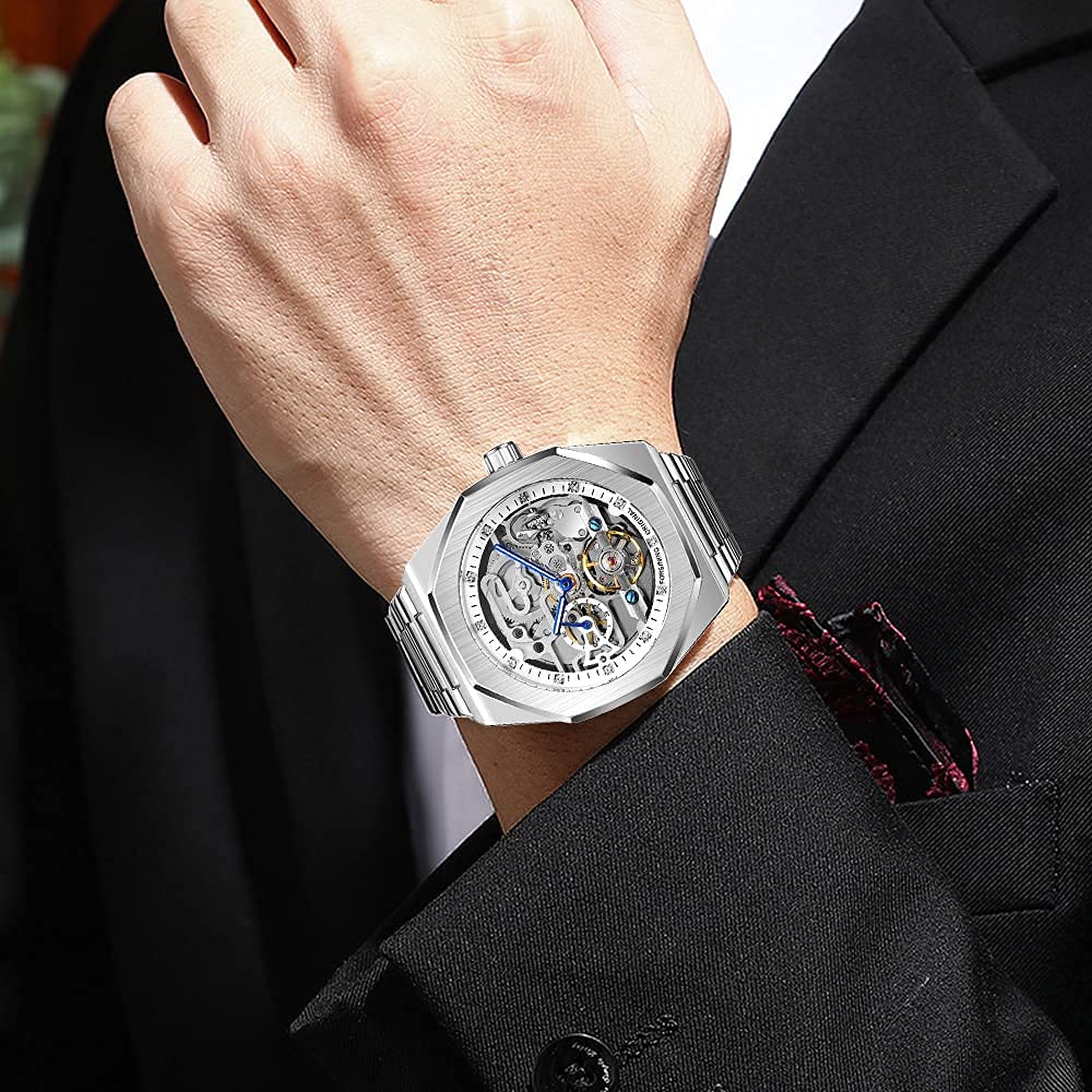 Tiong Montre pour Homme Montres Automatiques Montre-Bracelet Lumineuse MéCanique RéSistance Aux Chocs Steampunk Militaire Argent Noir