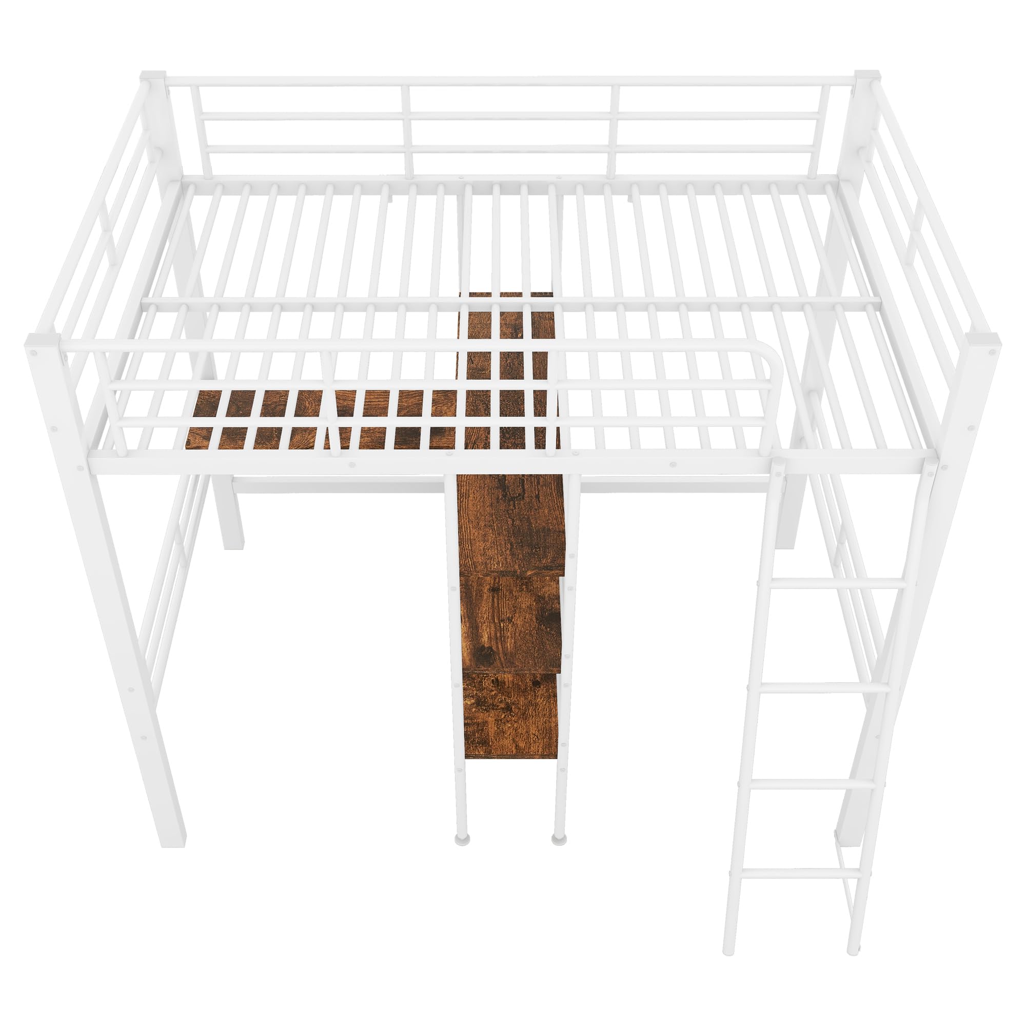 Azkoeesy Letto a soppalco 90 x 200 cm, con scrivania e ripiani portaoggetti, scale inclinate, letto singolo in metallo, con ringhiera, per adolescenti e adulti, bianco