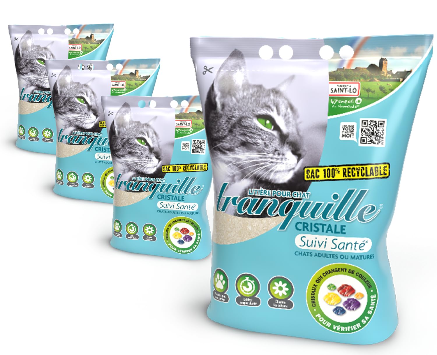 Tranquille - Litière Silice Chat (4 × 4 L) – Suivi Santé Couleur Urine, Ultra Absorbante 30 J, Contrôle Odeurs, sans Poussière, Grain Fin, Facile à Nettoyer