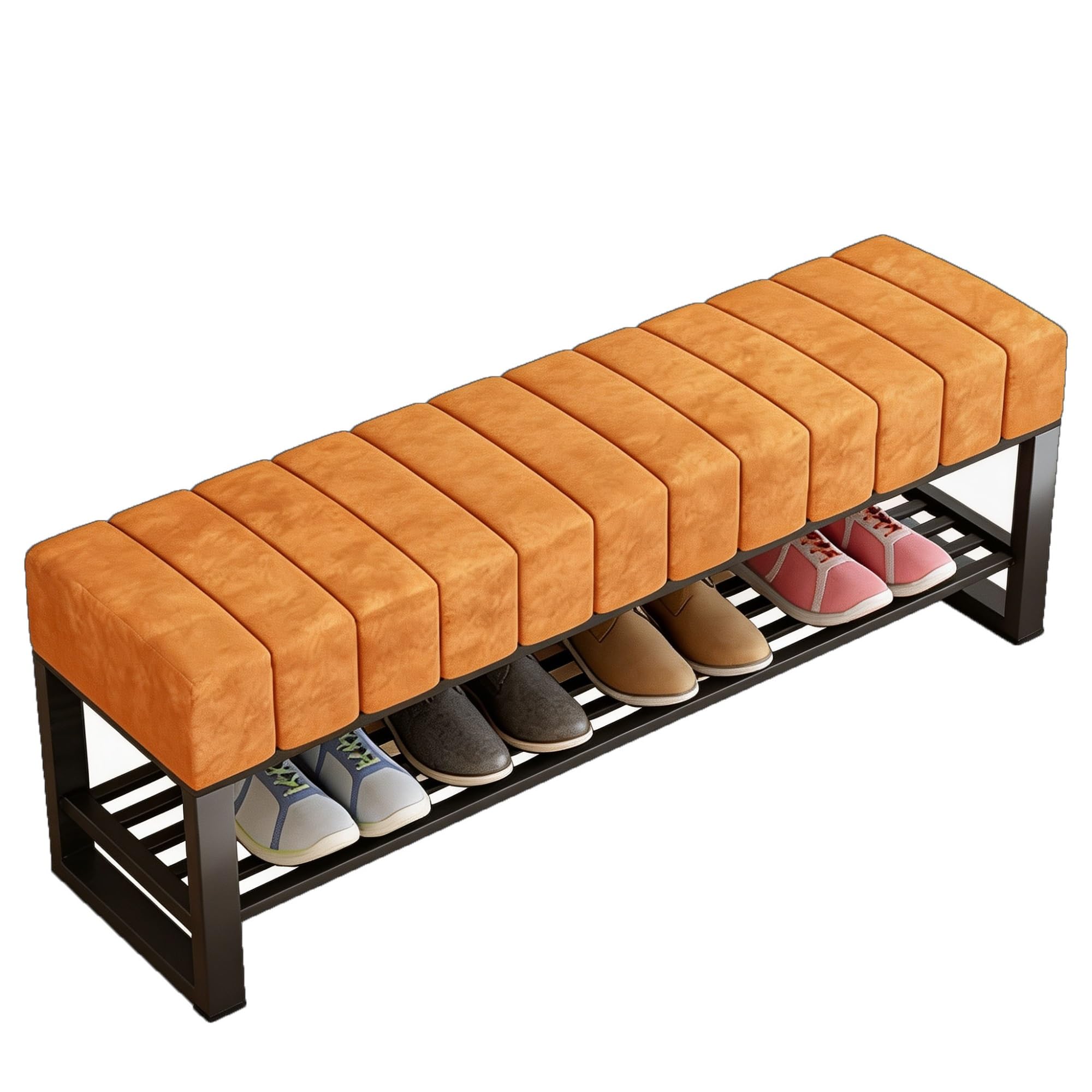 Panca Scarpiere, Panca Metallica con Cuscino a Righe | Cuscino Velluto Righe Larghe resiste, Struttura Nera, Ripiano a Doghe mantiene Scarpe(Orange,100cm/39in)