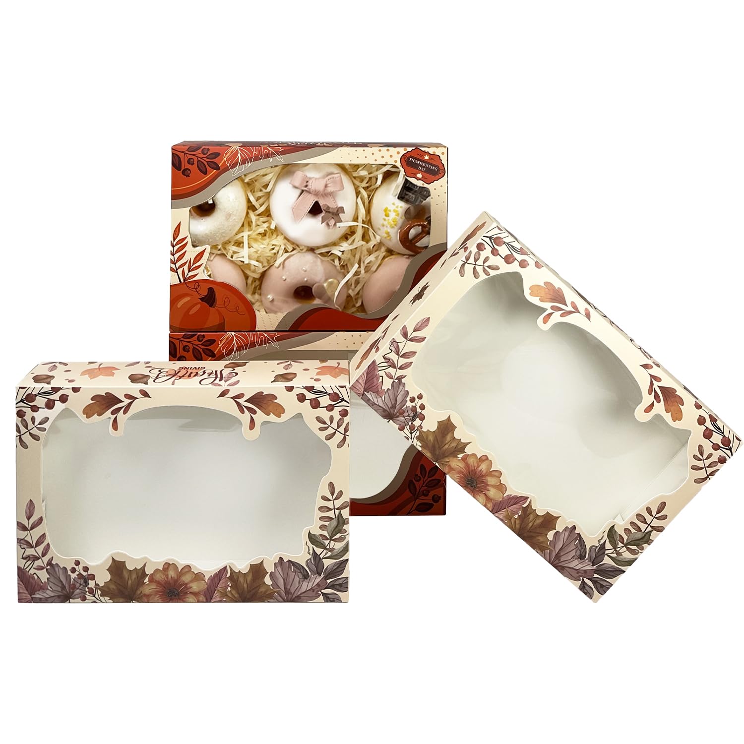 Thanksgiving Bakery Boxes with Window 12x8x2.5 inches Pastry Boxes Mini Cookie Boxes for Festival Bakerys Thick & Sturdy （24 Packs）