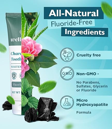 Miniatura 3 de Wellnesse Pasta de dientes blanqueadora de carbón activado, blanqueamiento dental natural y frescura del aliento + sin flúor, vegano, sin glicerina,