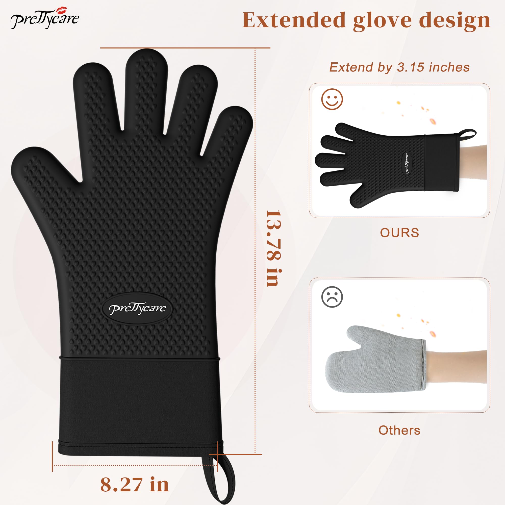 PrettyCare Gants de cuisine extra longs de 35,6 cm en silicone, imperméables et antidérapants avec doigts, gants de cuisine en silicone doublés de coton, résistants à la chaleur pour la pâtisserie, la