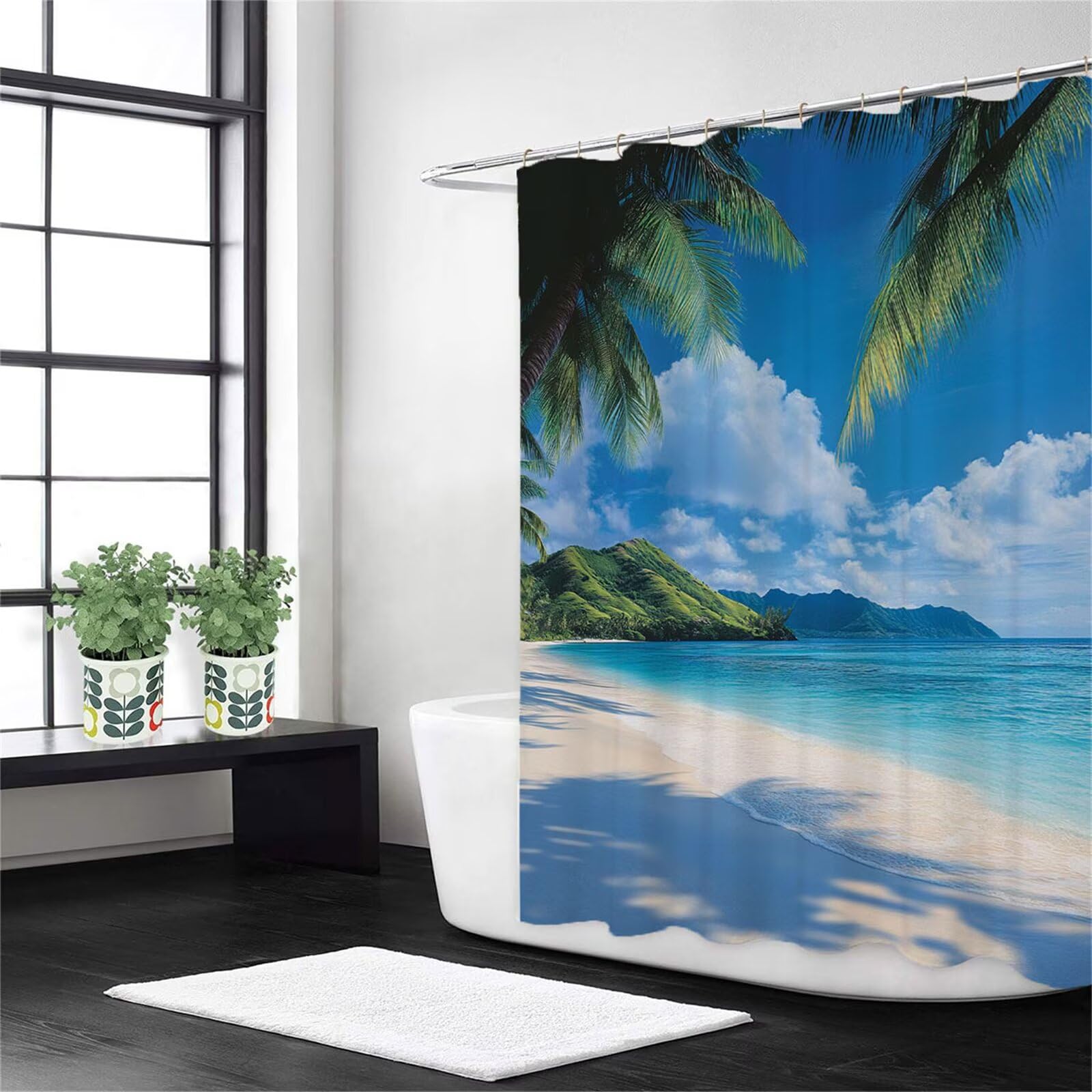 Rideau Douche Bleu Rideau de Douche Plage Anti Moisissure Tissu en Polyester, Séchage Rapide Lavable Shower Curtain, Lesté Ourlet, Avec 12 Crochets, pour Famille Hôtel Baignoire Decor 200x240 cm -h442