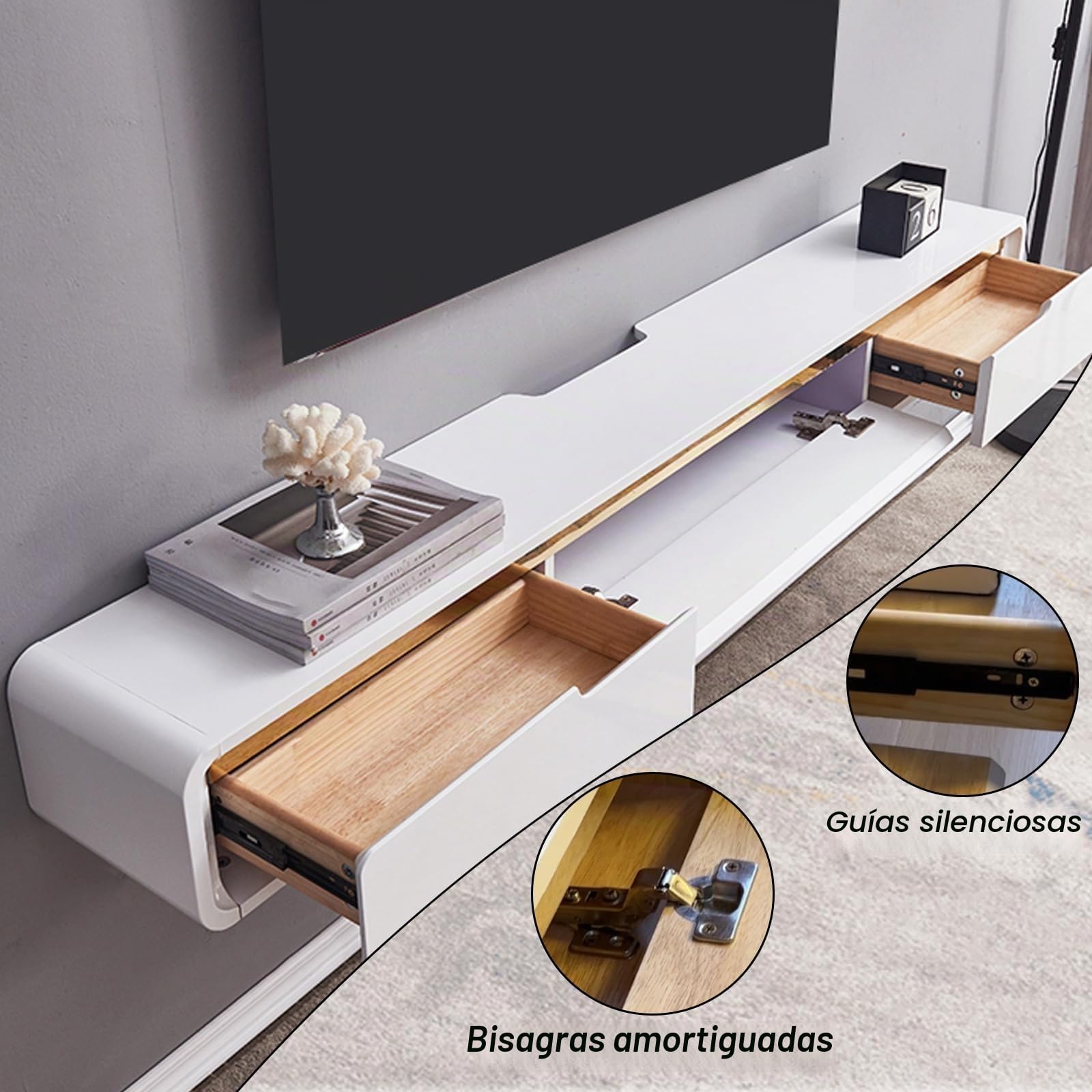 Madera Maciza Mueble TV Suspendido Moderna con 2 Cajones, Pintura en Aerosol Mate Mueble TV Flotante, no Requiere Montaje, Consola Multimedia para Sala de Estar (Blanco A, 140cm)