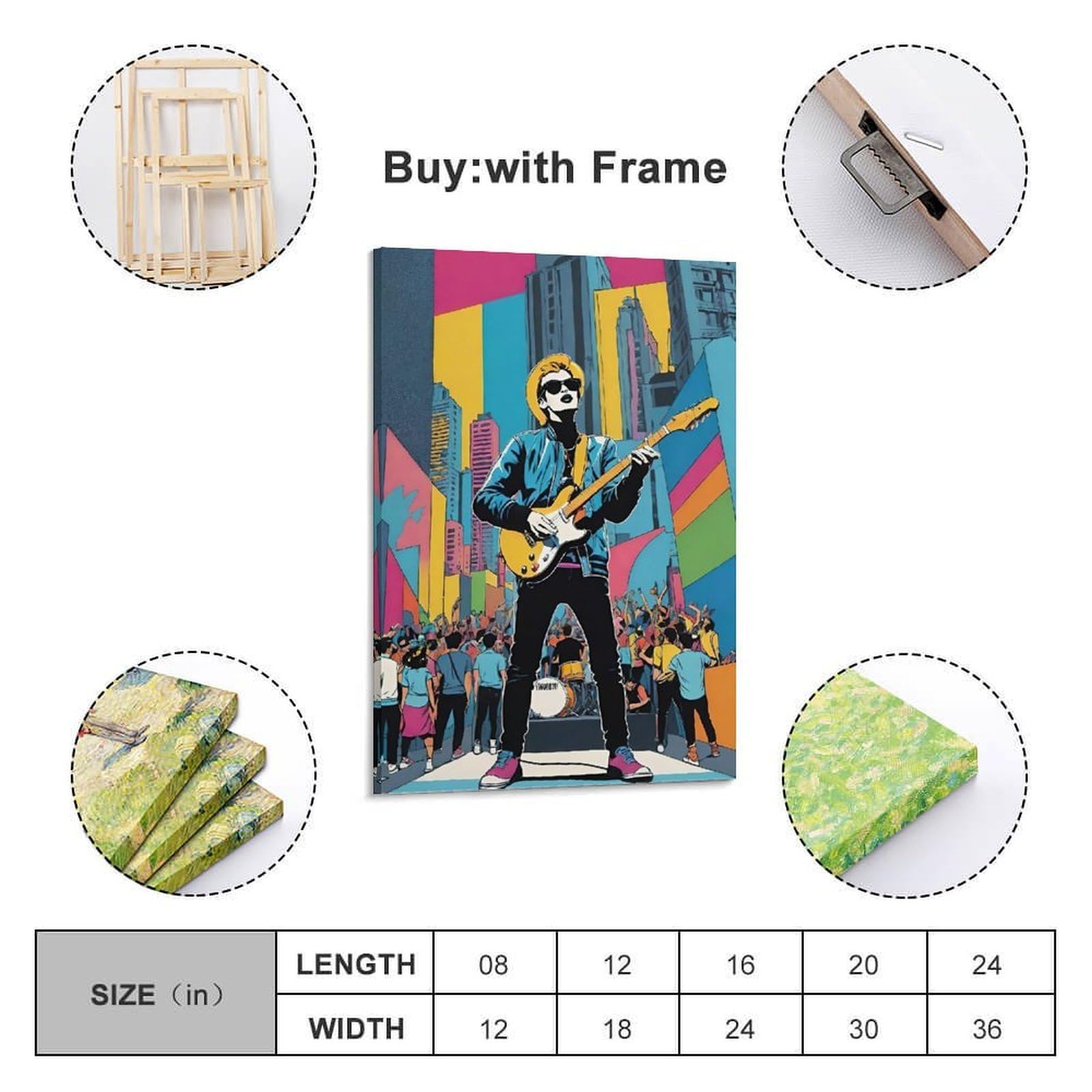 ZlXXYZ Poster su tela per decorazione moderna di famiglia e ufficio, motivo: musica pop art, concerto rock, 60 x 90 cm, stile cornice