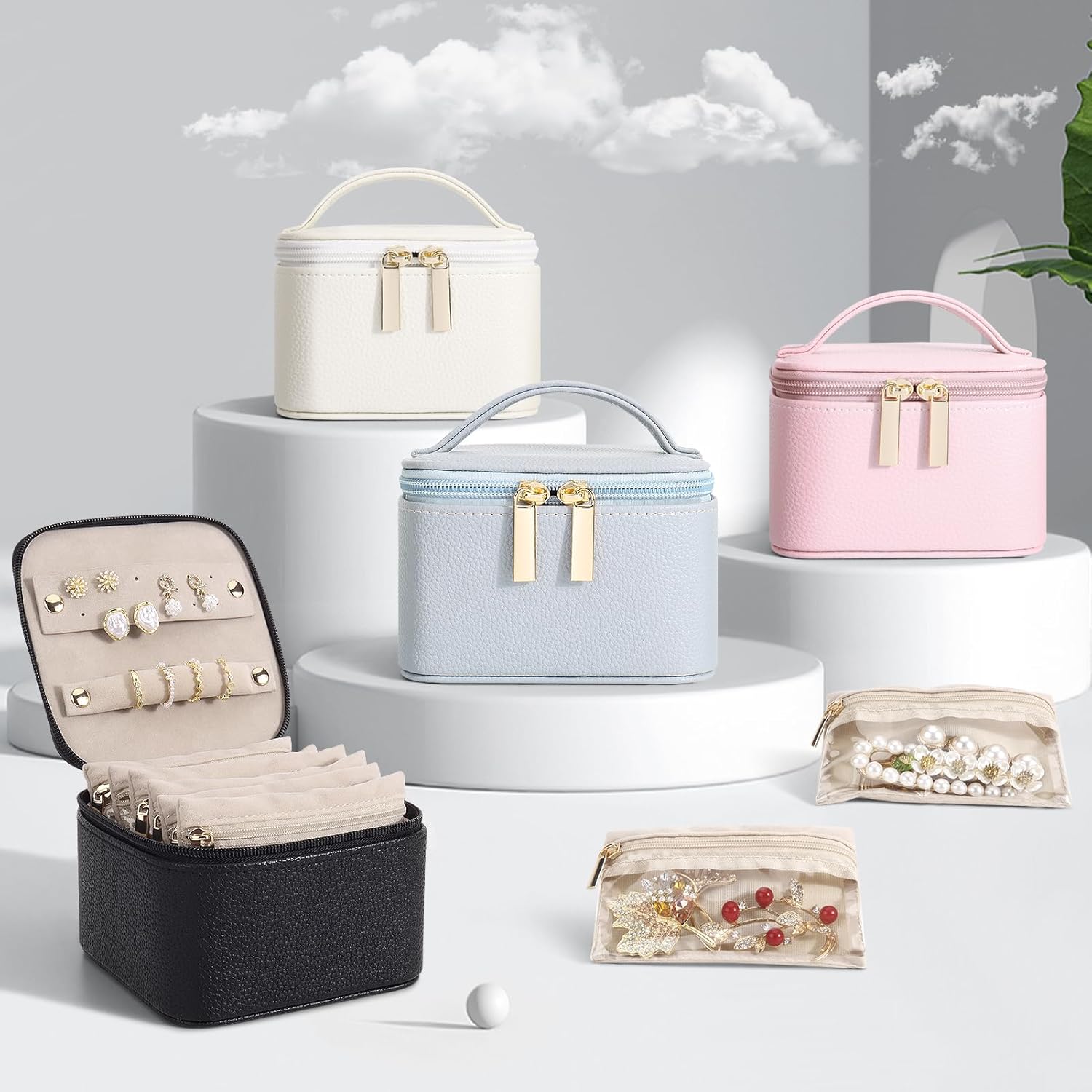 DesignSter Small Jewelry Box, Travel Small Jewelry Organizer with Earring Tray and Ring Holder,Square Travel Jewelry Storage Case with 6 Velvet Jewelry Pouches, Pink - Image 8