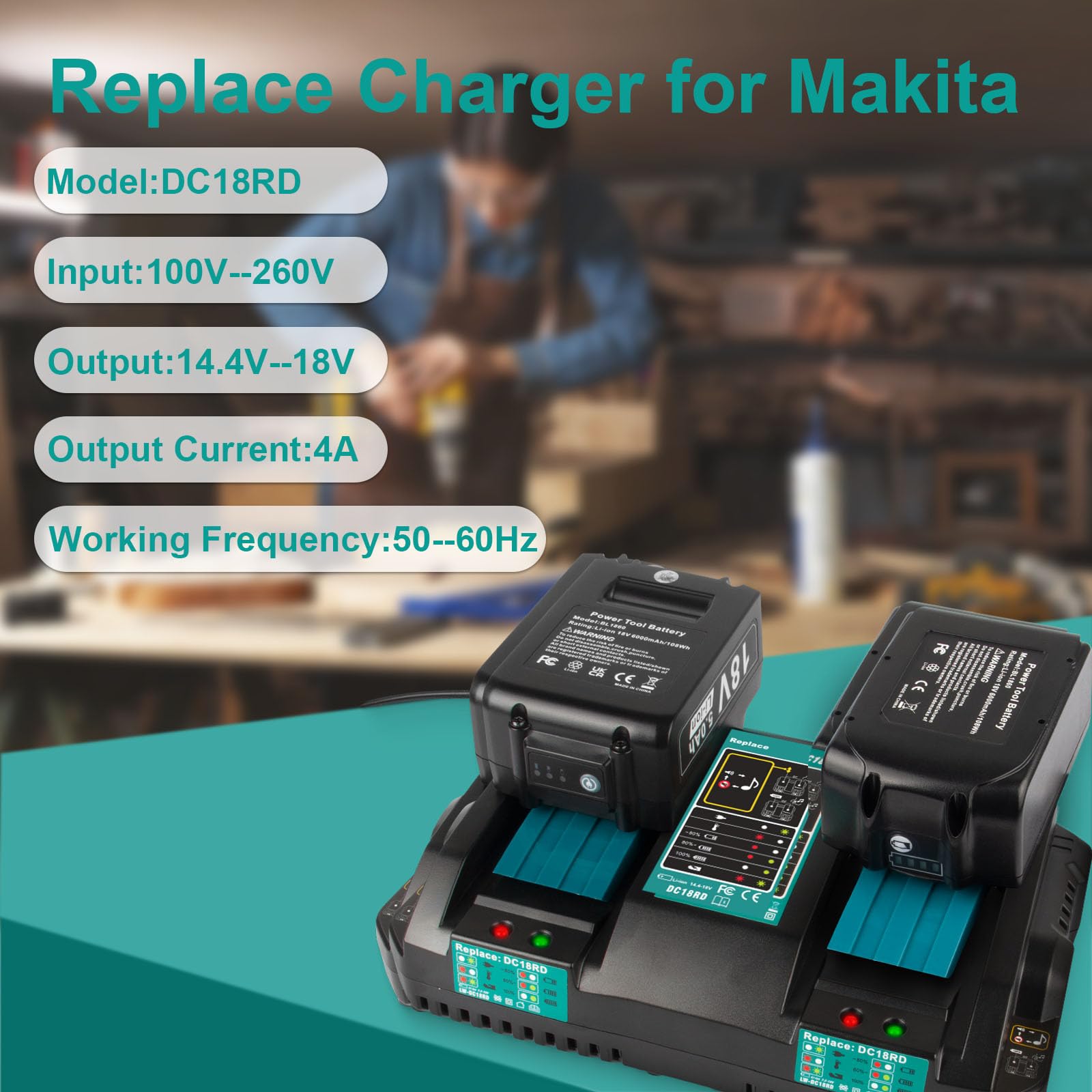 PENGJBATTER DC18RD 14.4V-18V Rapid Dual Ports Charger for Makita 18V Battery, Compatible with Makita 14.4V-18V Battery BL1850B BL1860B BL1830B BL1840B BL1820B & Charger DC18RC DC18SF DC18RT