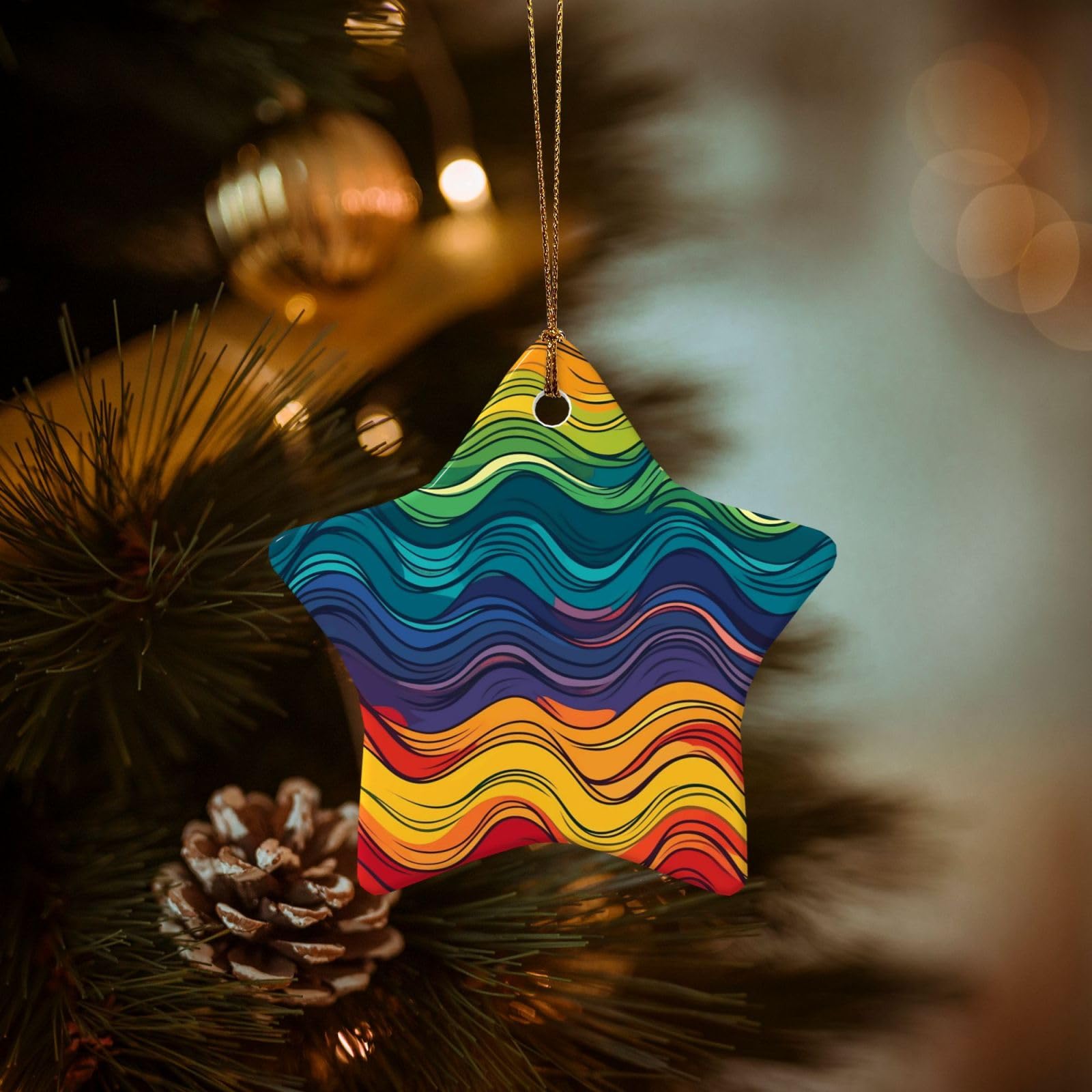 Christmas Tree Ornaments Ceramics Christmas Decorations Colorful Wave Pattern Ornaments with Gold Ribbon Porcelain Xmas Tree Crafts Star Shape Hanging Pendant for Christmas Tree Party Decor