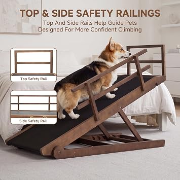 Dog Ramp for Bed & Couch, Foldable Wooden Pet Ramp, 5 Adjustable Heights