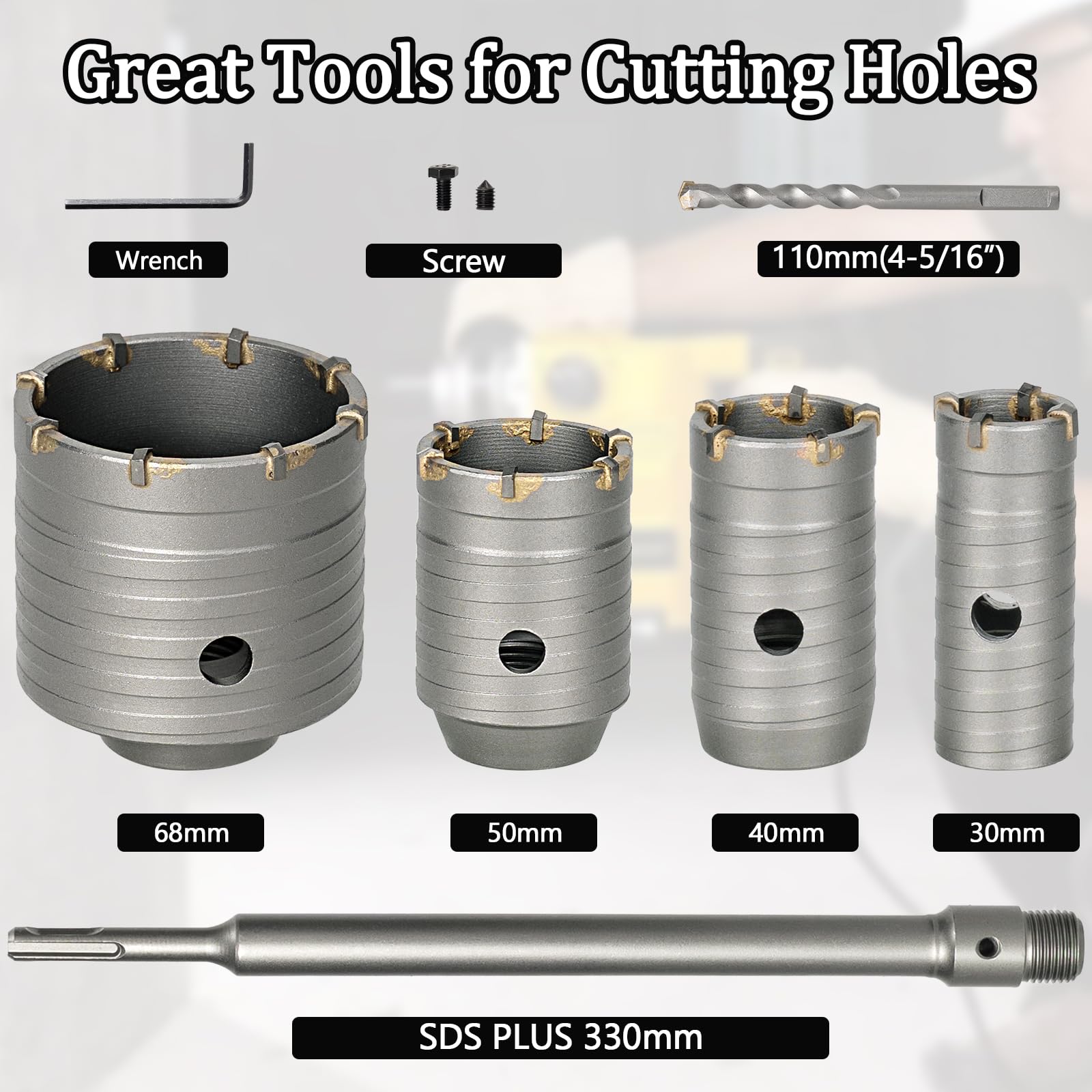 Lot de 6 douilles de forage 30, 40, 50, 68 mm avec adaptateur SDS Plus de