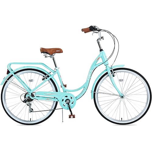 Women's Cruiser Bicycle 26 Inch, 7 Speeds Beach Cruiser Bike for Women, High Carbon Steel Frame Ladies Bicycle with Rear Rack, Commute Bike for Women, Max 300lbs Capacity, Multi Colors
