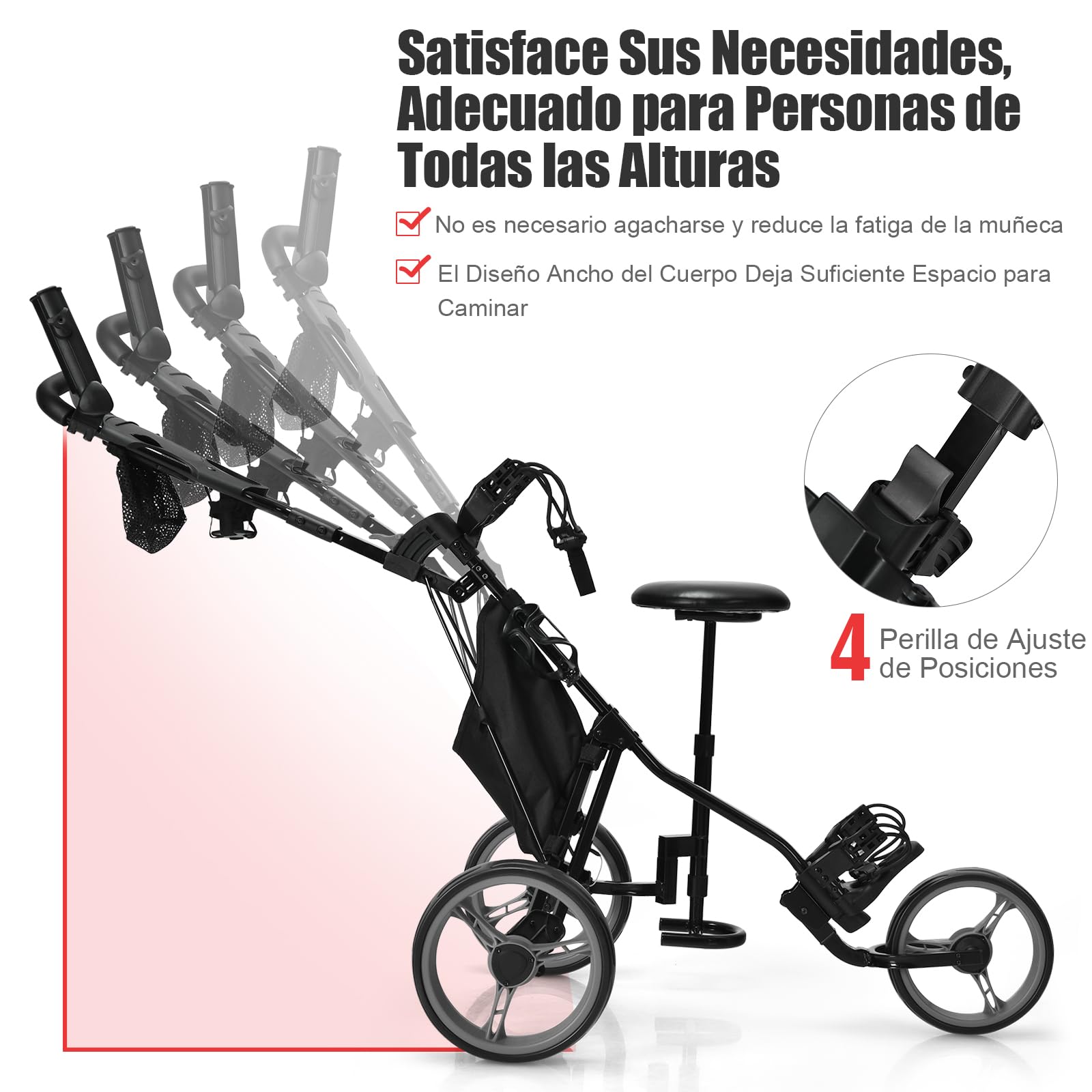 GYMAX Carro de Golf Plegable 3 Ruedas con Altura Ajustable y Portabebidas