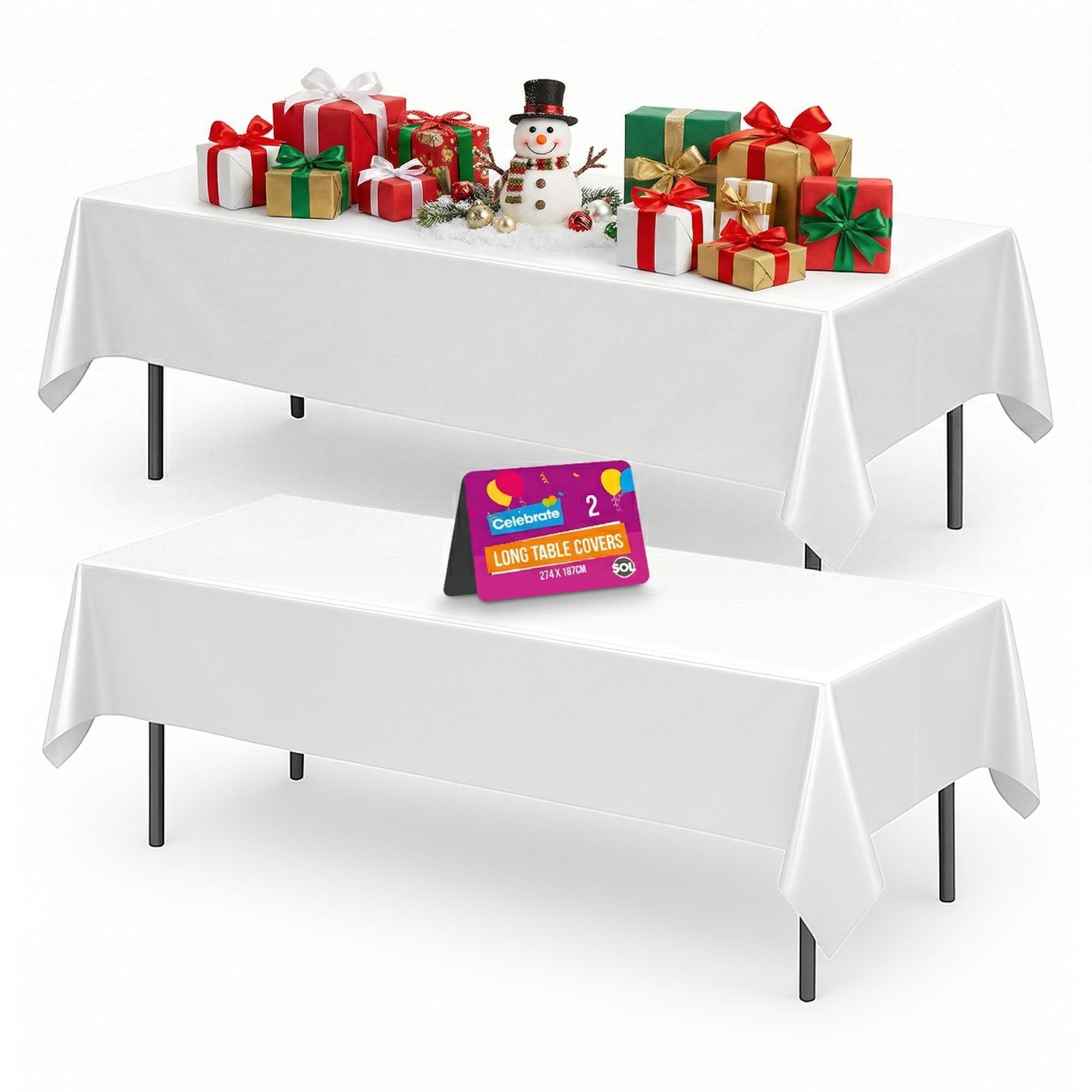 SOL 2pk Long White Table Cloth Party 274x137cm Plastic Cover Disposable Tablecloths for Parties - Heavy Duty Spill Protection - Opaque Design for Weddings, Buffets, Catering, Outdoor & Theme Events