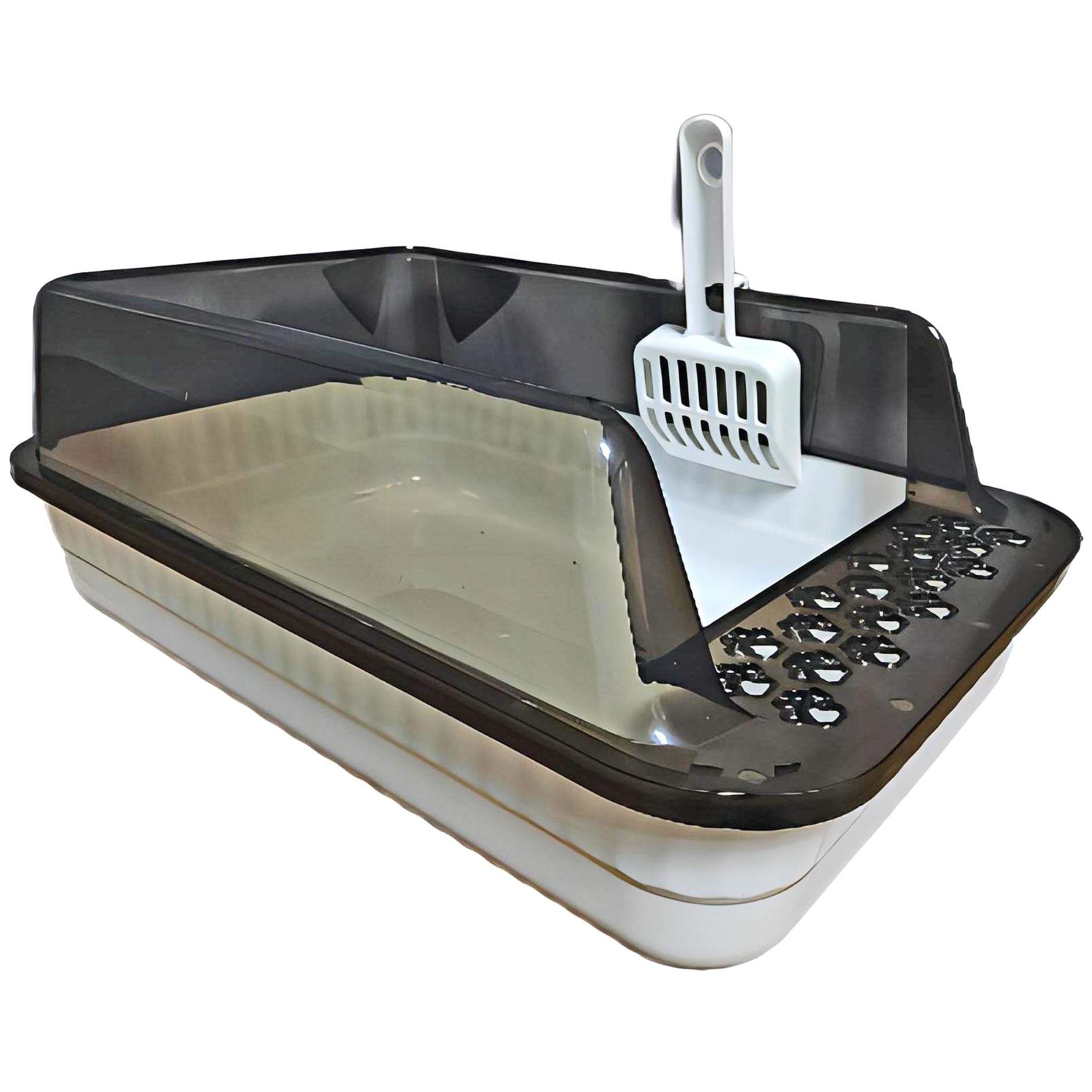 Plastic 20" x 14" x 8" Semi-Closed Cat Litter Box with Enclosure Lid and Scoop (White Lilac)