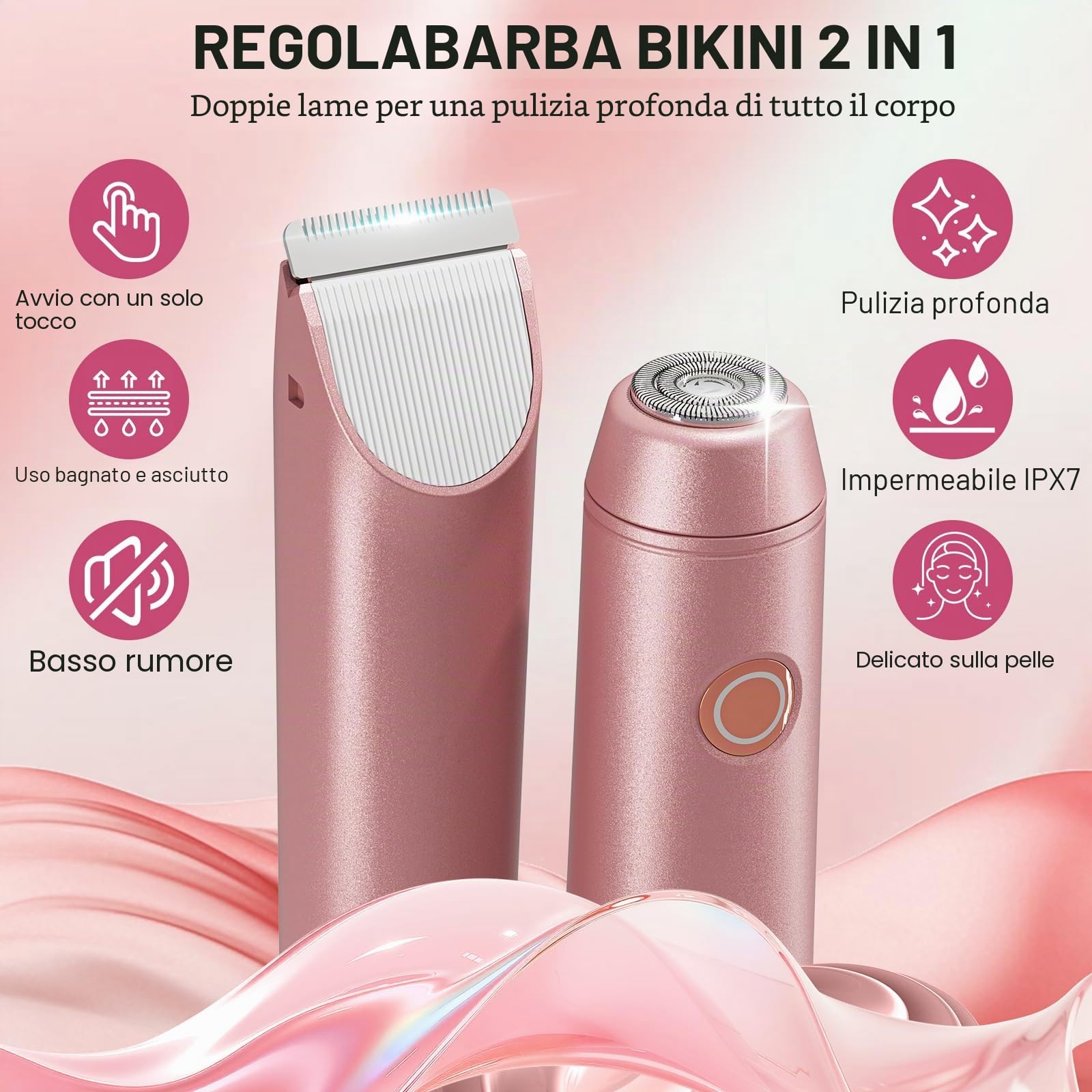 Rasoi da donna 2 in 1, rasoi da donna IPX7 impermeabile trimmer per peli pubici da donna, uso bagnato e secco, rasoio elettrico indolore per corpo, braccia, gamba