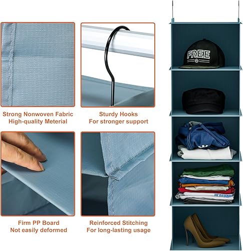Miniatura 4 de Likorlove Organizador colgante de armario de 5 niveles, estantes colgantes plegables con 2 ganchos resistentes para almacenamiento, para armario,
