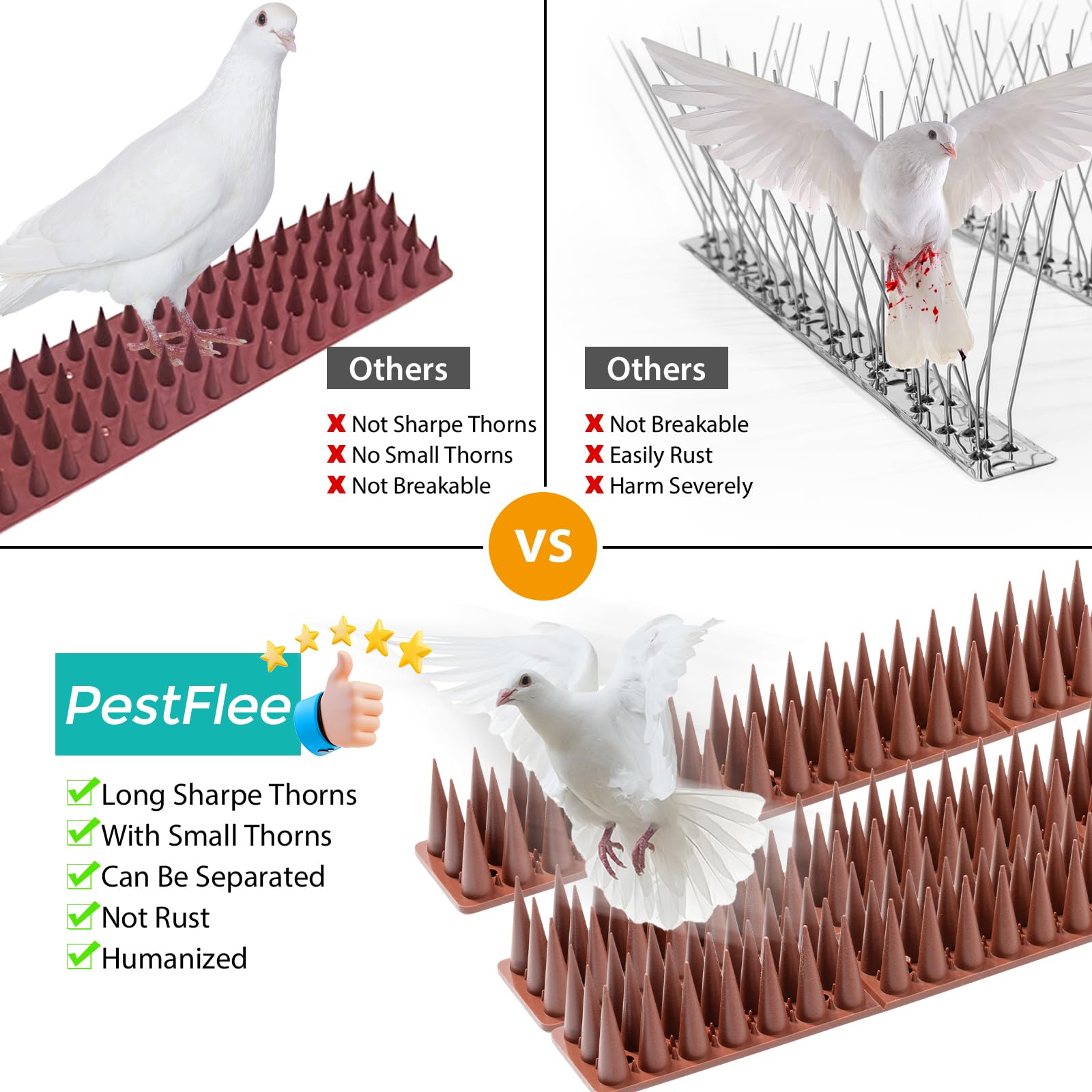 Bird Spikes, 20 Pack Pigeon Cat Squirrel Raccoon Animal Deterrent Spikes Anti-Climb for Outside Anti-Animal Defender Spikes to Keep Birds Away, Brown - Image 4