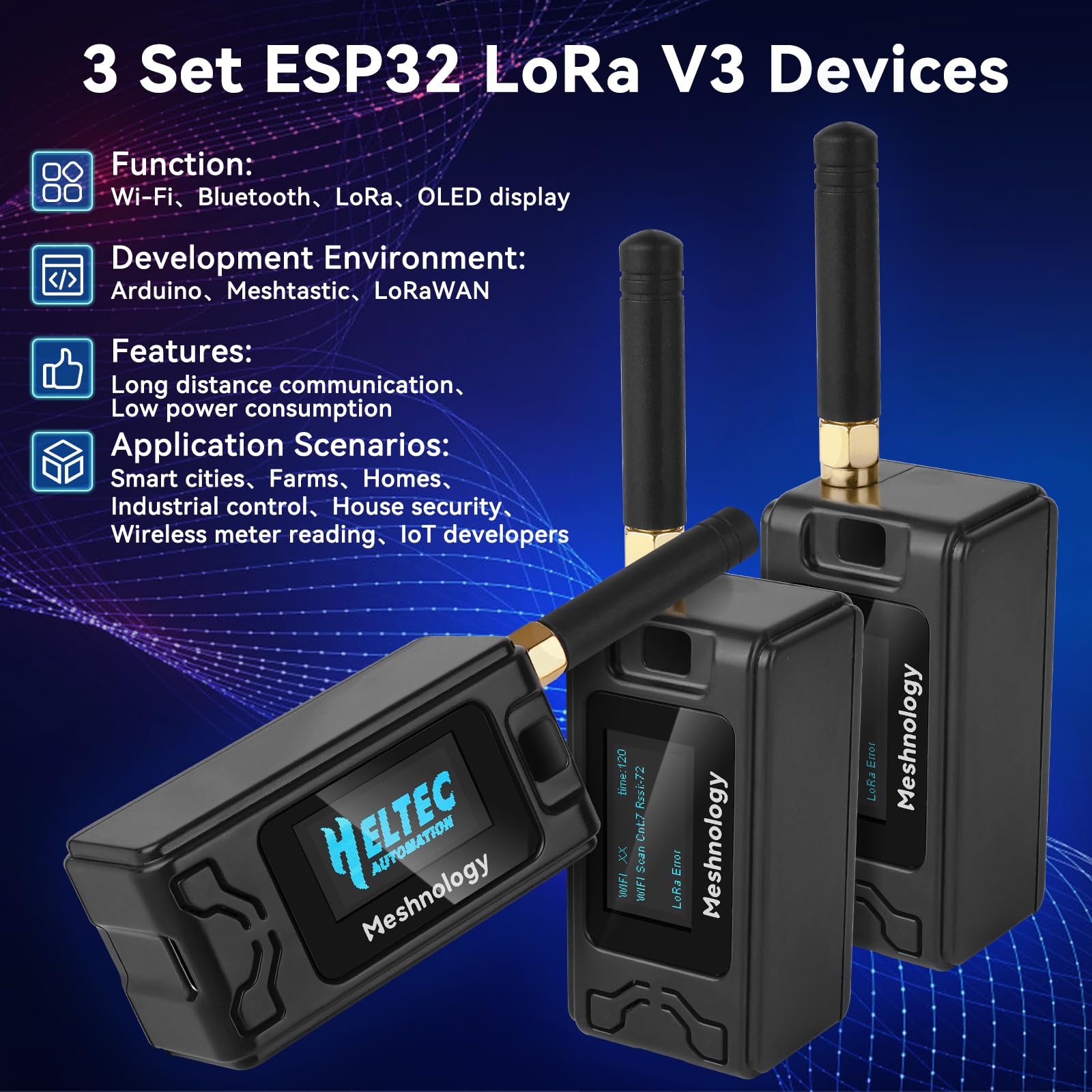Confezione da 3 schede di sviluppo ESP32 LoRa V3 + batteria da 1100 mAh + custodia protettiva - con antenna da 868 MHz e dispositivi SX1262 LoRa V3 per tastic Mesh AR duino LoRawan IOT (N30 version