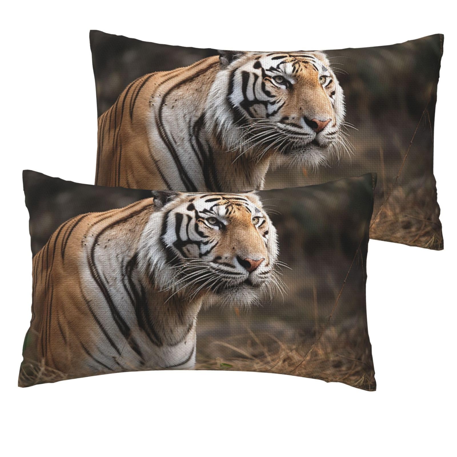 2 Pack Pillow Cases with Hidden Zipper, Soft Breathable Decorative Pillow Covers for Hair and Skin, Wildlife Tiger Pillowcases 12"x20" Bed Pillow Protectors Cover for Sleeping Gifts