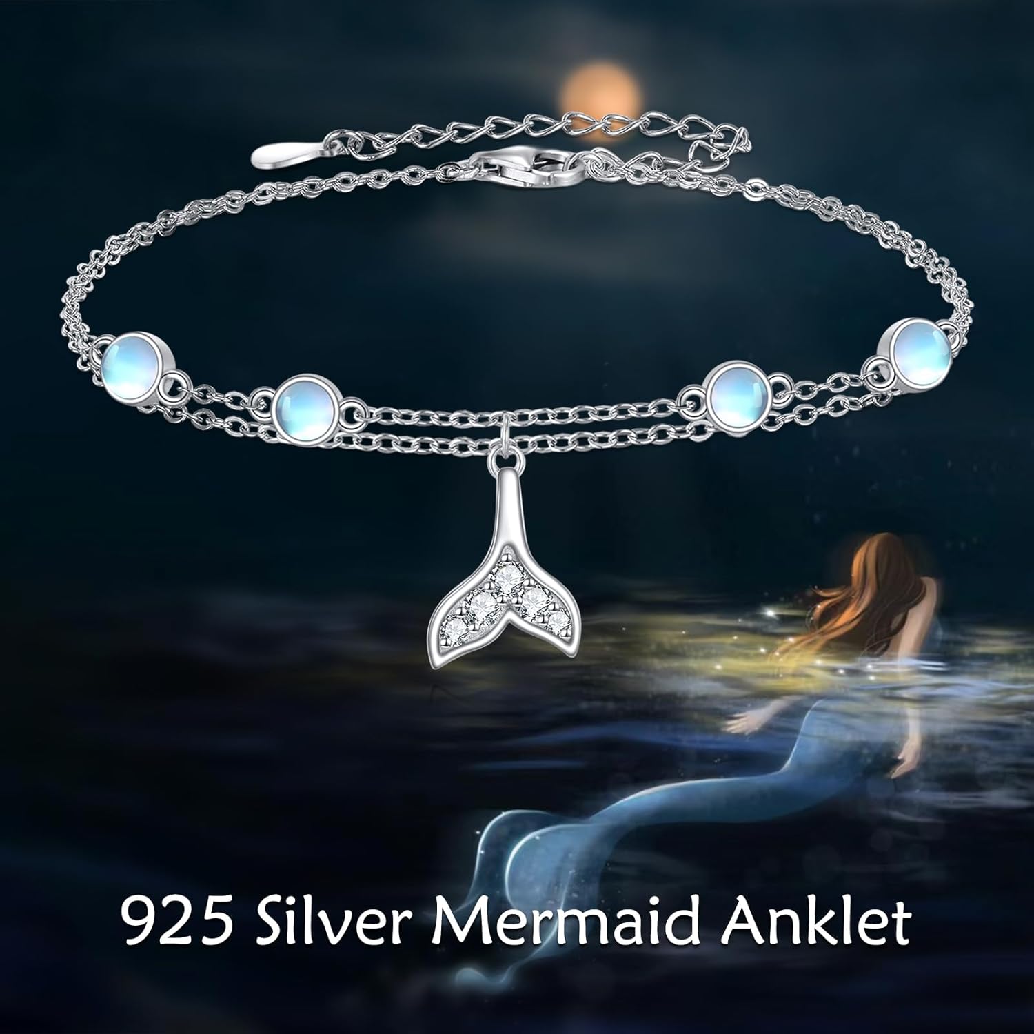TIGER RIDER Moonstone Mermaid Tail 925 Sterling Silver Chain Anklet Cross Ankle Bracelets Beach Jewelry Gifts for Women - Image 6