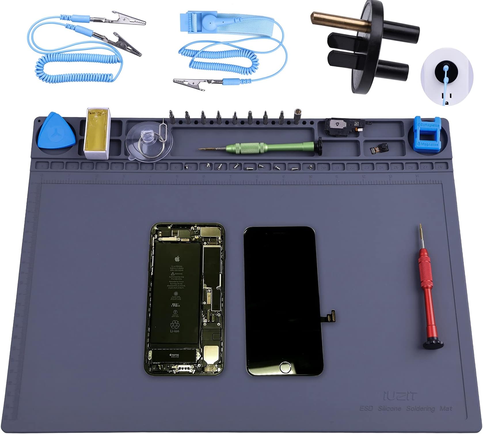 Anti Static Mat for PC Building, Computer Electronics Repair, IUZIT Heat Resistant 932°F ESD Soldering Mat with Grounding Cord & Plug, ESD Wristband for BGA Gun Soldering Iron15.9” x 12”