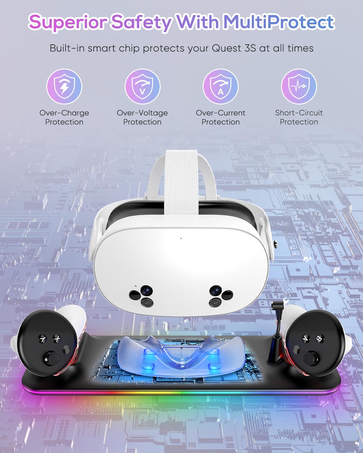 Stazione di ricarica per Meta Quest 3S/3 Kinwin Base di ricarica magnetica per accessori Oculus Quest 3S/3 con luce RGB, supporto di ricarica per auricolare VR e controller con 2 batterie ricaricabili