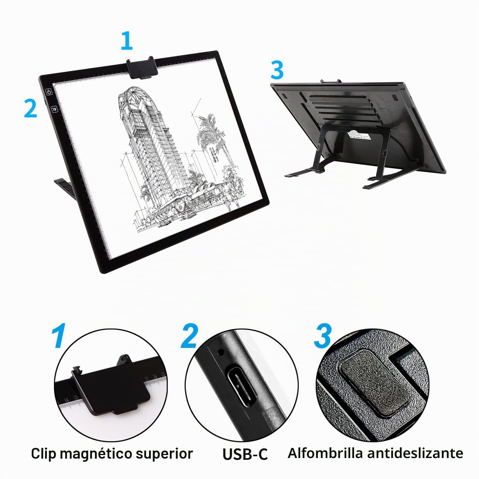 TOHETO A3 Recargable Mesa de Luz Para Calcar con Bolsa, Soporte Integrado,Clip Magnético, Mesa de Luz Dibujo Tableta de Luz, LED Tableta de Luz Dibujo de Dibujo para Bocetos Diseño 5D Diamante Pintura
