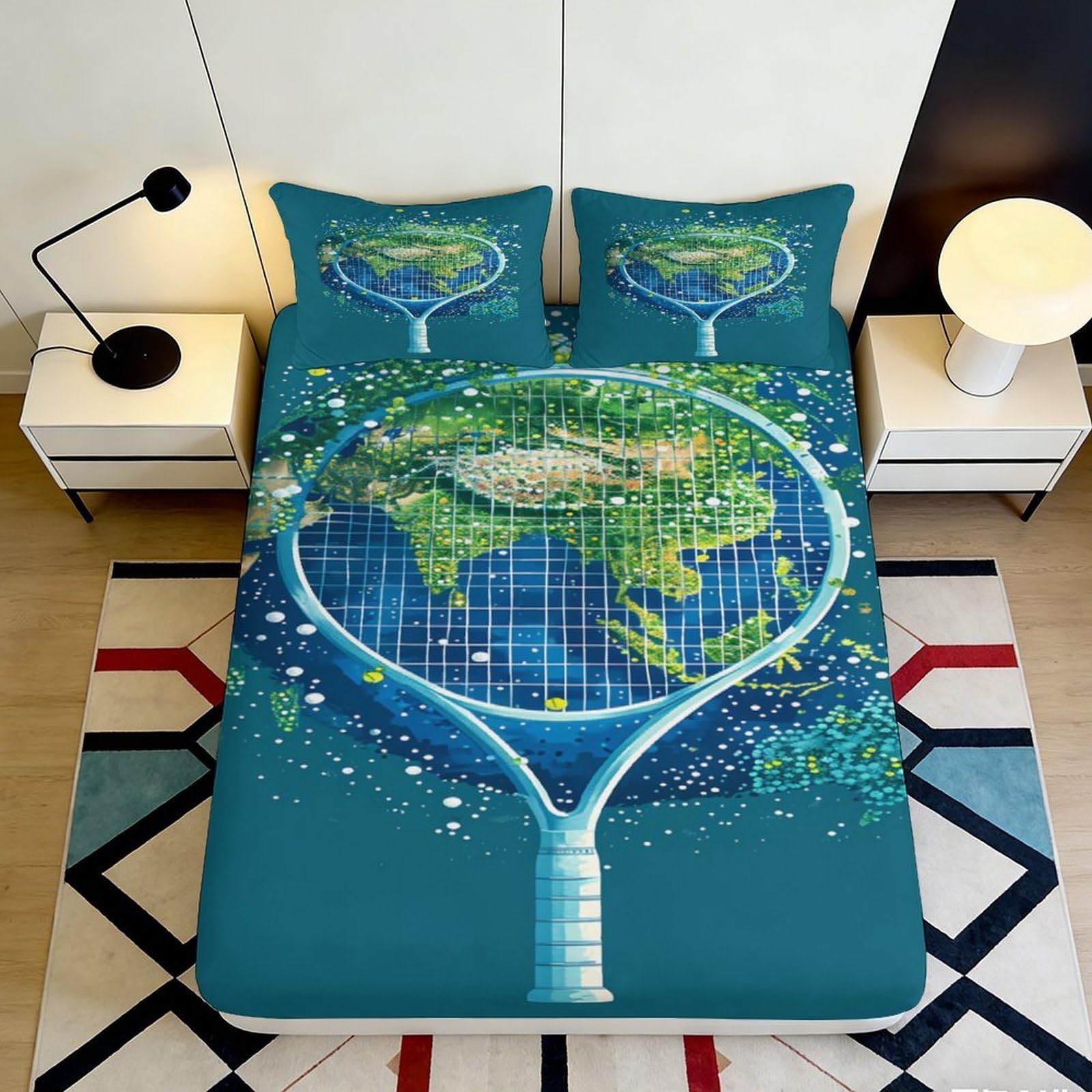 3D Printed Tennis Earth Fitted Sheet Microfiber Deep Pocket Elastic Hem for Bedroom Bedding Earth Tennis Mattress Fitted Cover Washable 200x200x25cm 90x200x25cm