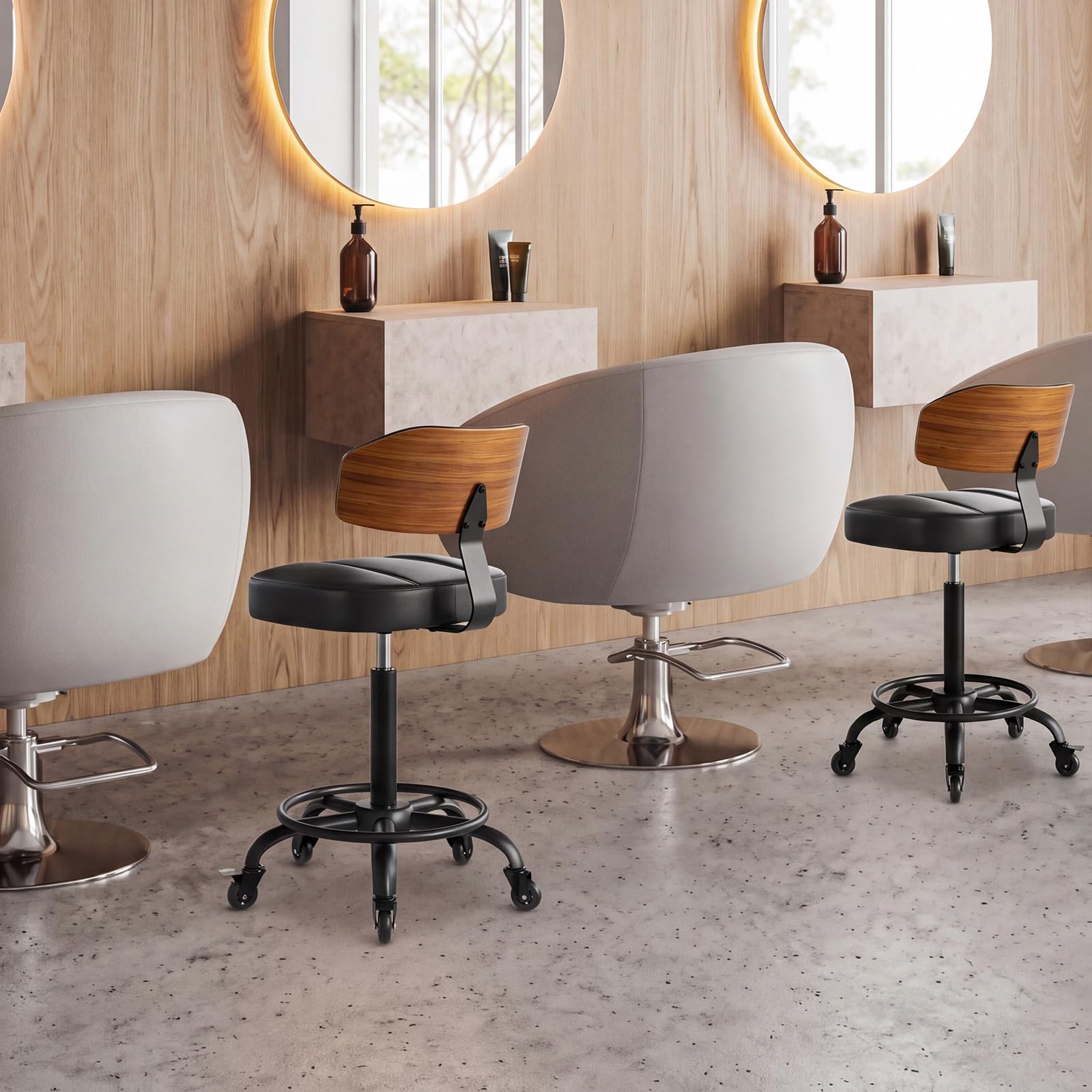 Rollhocker HöHenverstellbar, Bürohocker Ergonomisch,Arbeitshocker, Drehhocker 360°,Mit Rückenlehne Pu-Sitzpolsterung Für Spa Zeichnung Salon Arbeit Büro Bar Studio Labor Black