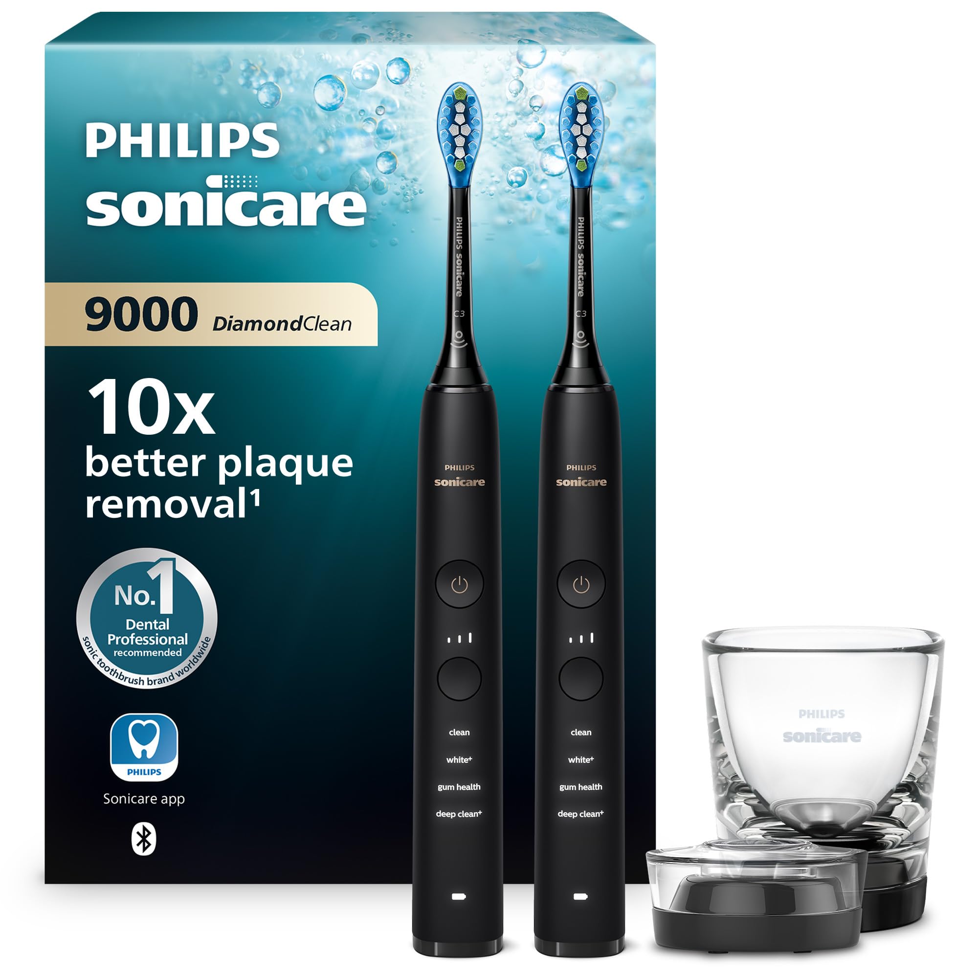 Philips Sonicare DiamondClean 9000 Electric Toothbrush, Sonic Toothbrush with App, Pressure Sensor, 4 Brushing Modes, 3 Intensity Levels, Charging Glass, Black, Dual Pack, Model HX9914/54