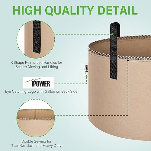 Vista 82 de iPower Grow Bags – Contenedor con aireación de tela no tejida gruesa, con asas de correa para plantas y macetas de jardín. Beige Bronceado