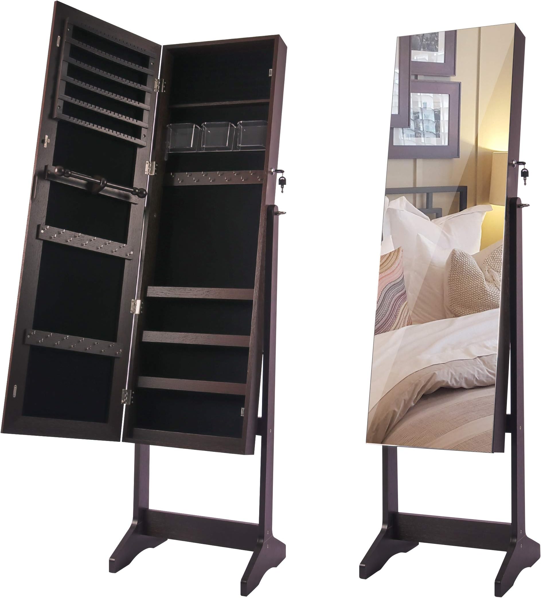 LAVIEVERTJewelry Cabinet Standing Lockable Jewelry Armoire Jewelry Display Organizer with 47.2in Frameless Full-Length Mirror, Large Storage Capacity, 3 Angel Adjustable - Brown