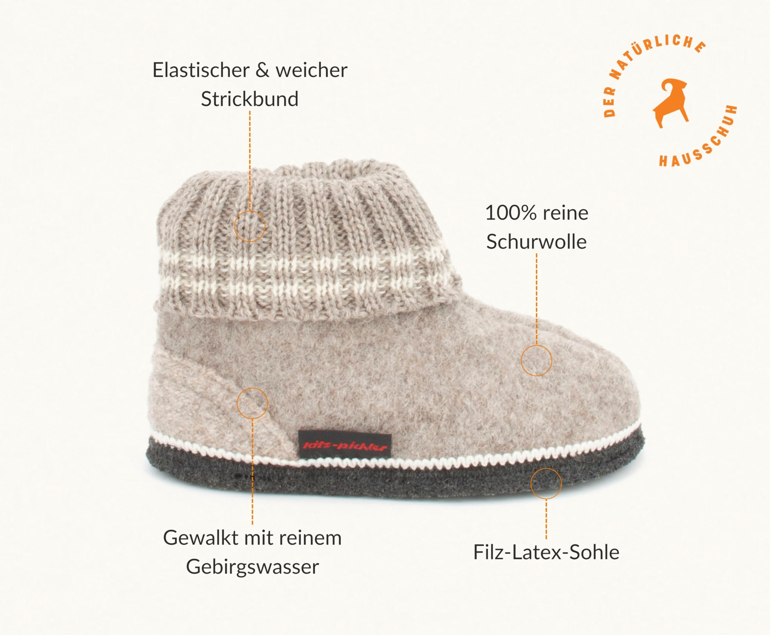Hüttenschuh Ötz Kids aus Mulesing-freier Schaf-Schurwolle – Handgefertigte Hausschuhe aus Wollfilz für Kinder Größe EU 22-34 – Mit hohem Strickbund & rutschfester Filz-Latex-Sohle