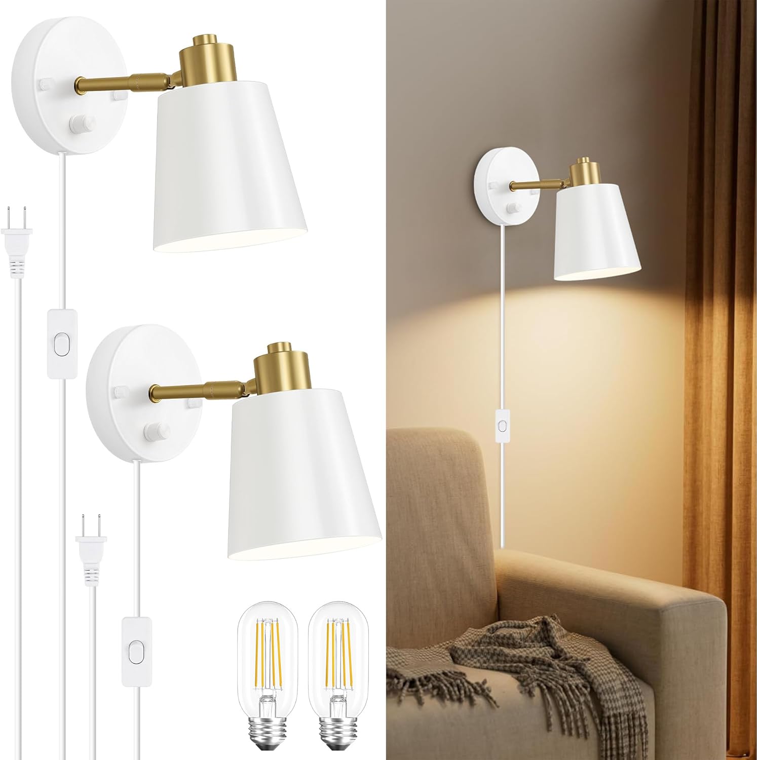 Lomoky Dimmable Wall Sconces Plug in, Adjustable Angle Wall Lamps with Plug in Cord and Dimmer On/Off Knob Switch, Gold Wall Light with Metal Shade for Bedroom Bedside Doorway (2 Bulbs Included)