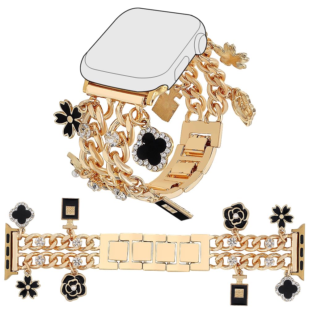 YONWORTH Cuban Chain Band Compatible with Apple Watch Bands 38/40/41/42/44/45 46 49mm Women,Bling Diamond Chain Dressy Metal Wristband Cute Charms