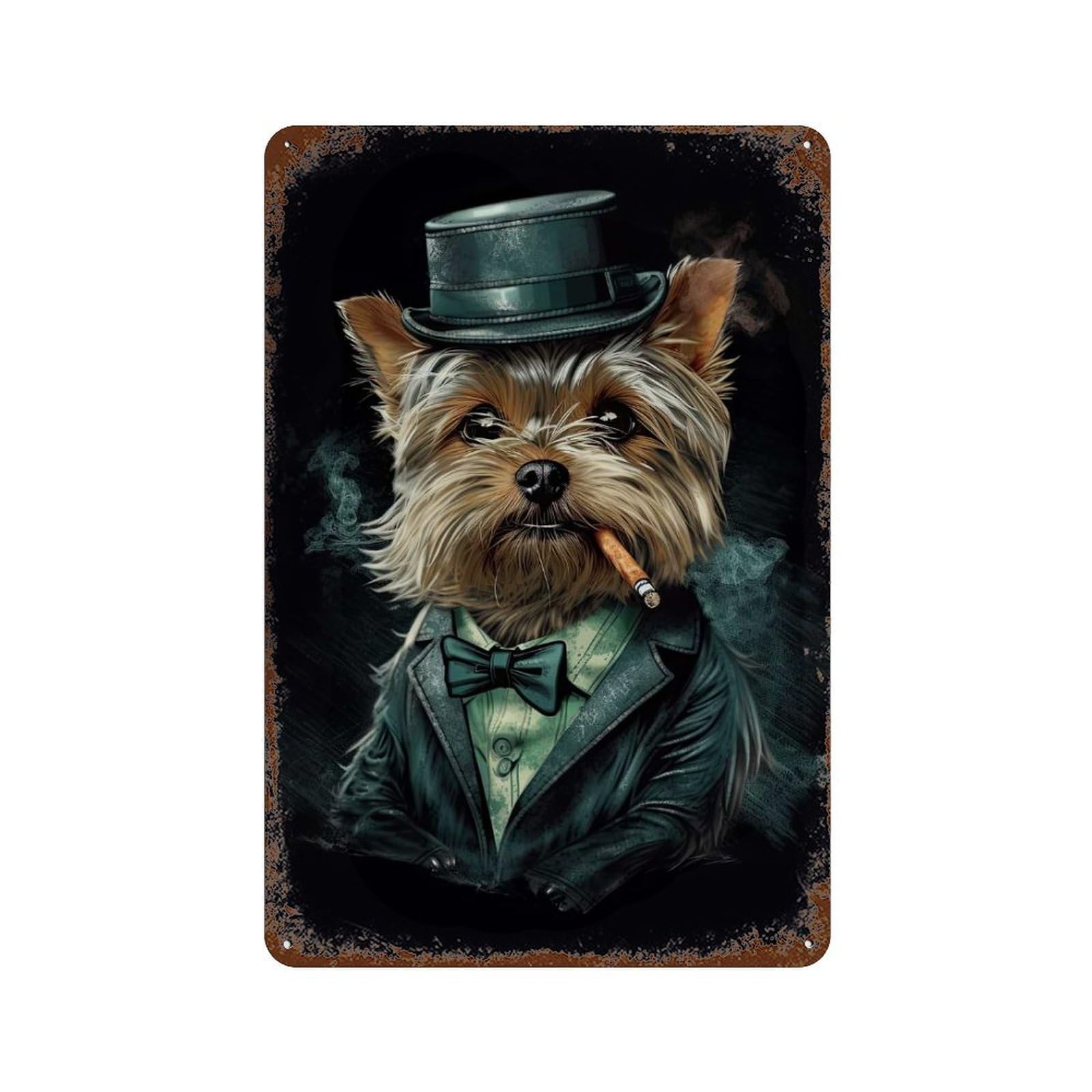 Vintage Metal Tin Sign with Yorkshire Terrier Gangster Design 11.8"x7.9", for Garage, Bar And Workshop Decor, Novelty Wall Decor