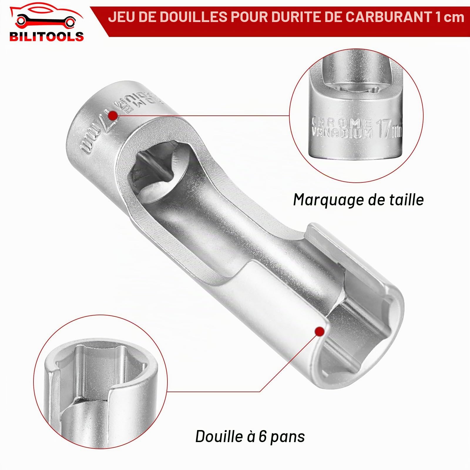 BILITOOLS Douille injecteur fendue 3/8 10-19 mm conduite injection | 7 douilles fendues 10-19 mm pour conduite injection, sonde température FAP et raccords diesel en accès étroit