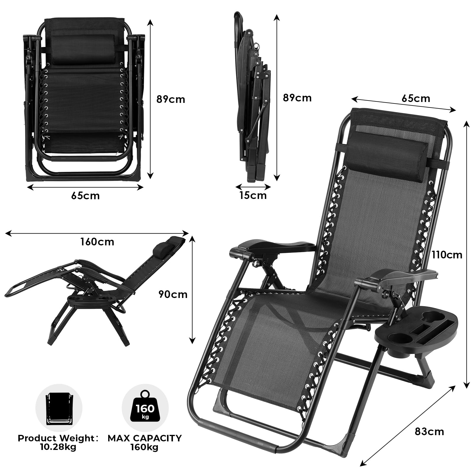 TLGREEN Sonnenliege 2er Set, Gartenliege, Liegestuhl klappbar, Tragfähigkeit 160KG, Abnehmbares Sitzkissen, Verstellbare Rückenlehne, Nackenkissen & Getränkehalter, Outdoor Sessel, Strandliege, 2 PCS