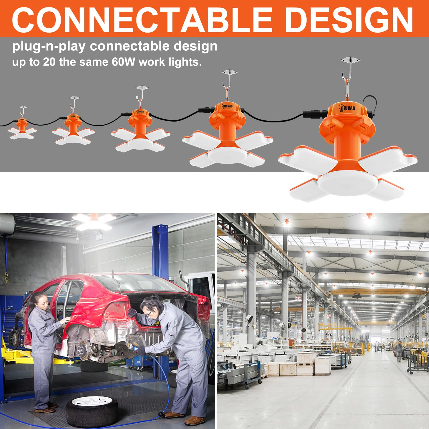 Tymczasowa lampa robocza LED, 60 W, 9000 lm, 5000 K, super jasne światła budowlane, 4 regulowane panele świetlne, światło robocze LED IP67, wodoszczelne, z haczykiem, przenośne