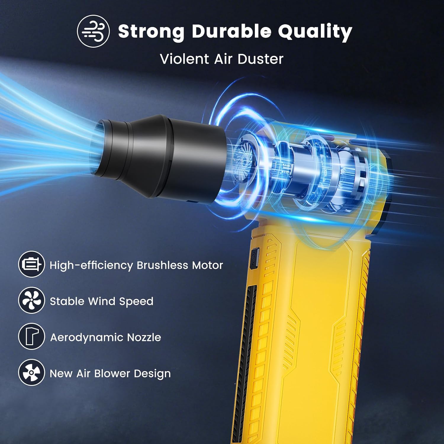 Compressed Air Duster Blower Electric 300000 RPM Power Compatible with Dewalt 20v Battery Turbo Fan Leaf Blower-No Canned for Cleaning car Snow Blowing (Yellow) (Battery NOT Include) - Image 5