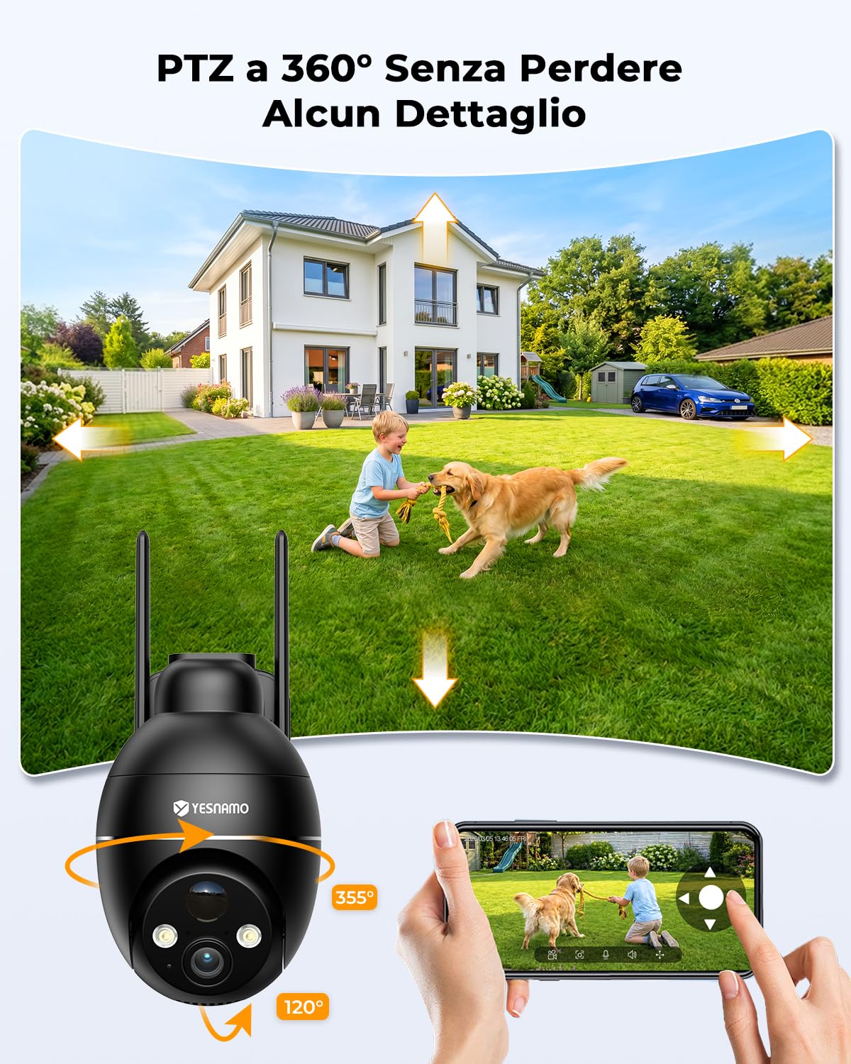 Telecamera Wi-Fi Esterno con Pannello Solare, 2K Videocamera Sorveglianza Esterno a Batteria 360° PTZ, Audio Bidirezionale, Visione Notturna A Colori, Allarmi PIR, IP66, Nero
