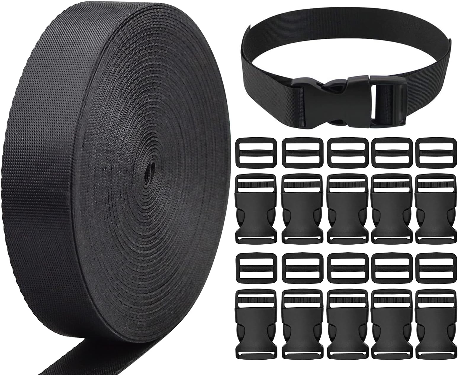 Nerissa 10 Metres Nylon Heavy Webbing Strap Backpack Strapping (1 Inch Wide) with 10 Sets of Flat Side Release Buckles and Tri-Glide Slides for DIY Making Repairing Luggage Strap Cargo Strapping