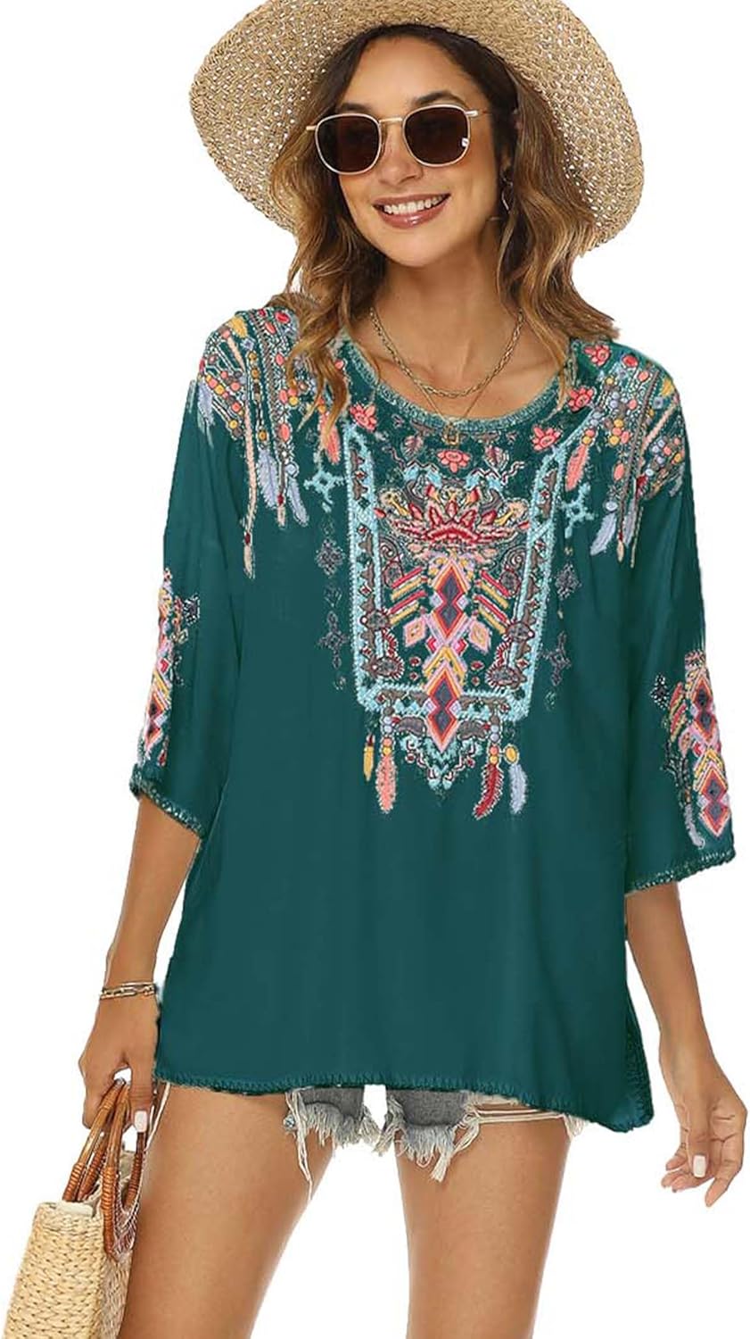 LauraKlein Women Mexican Embroidered Shirt for Women Bohemian Style Top Blouse 3/4 Sleeve Summer Casual Tunics - Image 5
