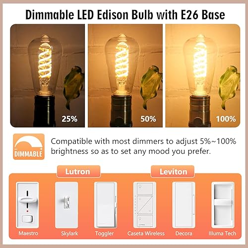 Miniatura 3 de Edison Bombillas equivalentes a 60 W, bombillas LED vintage regulables, base mediana E26, blanco cálido 2700K, ST58, 6 W, 600 lm, 80+ CRI, bombilla